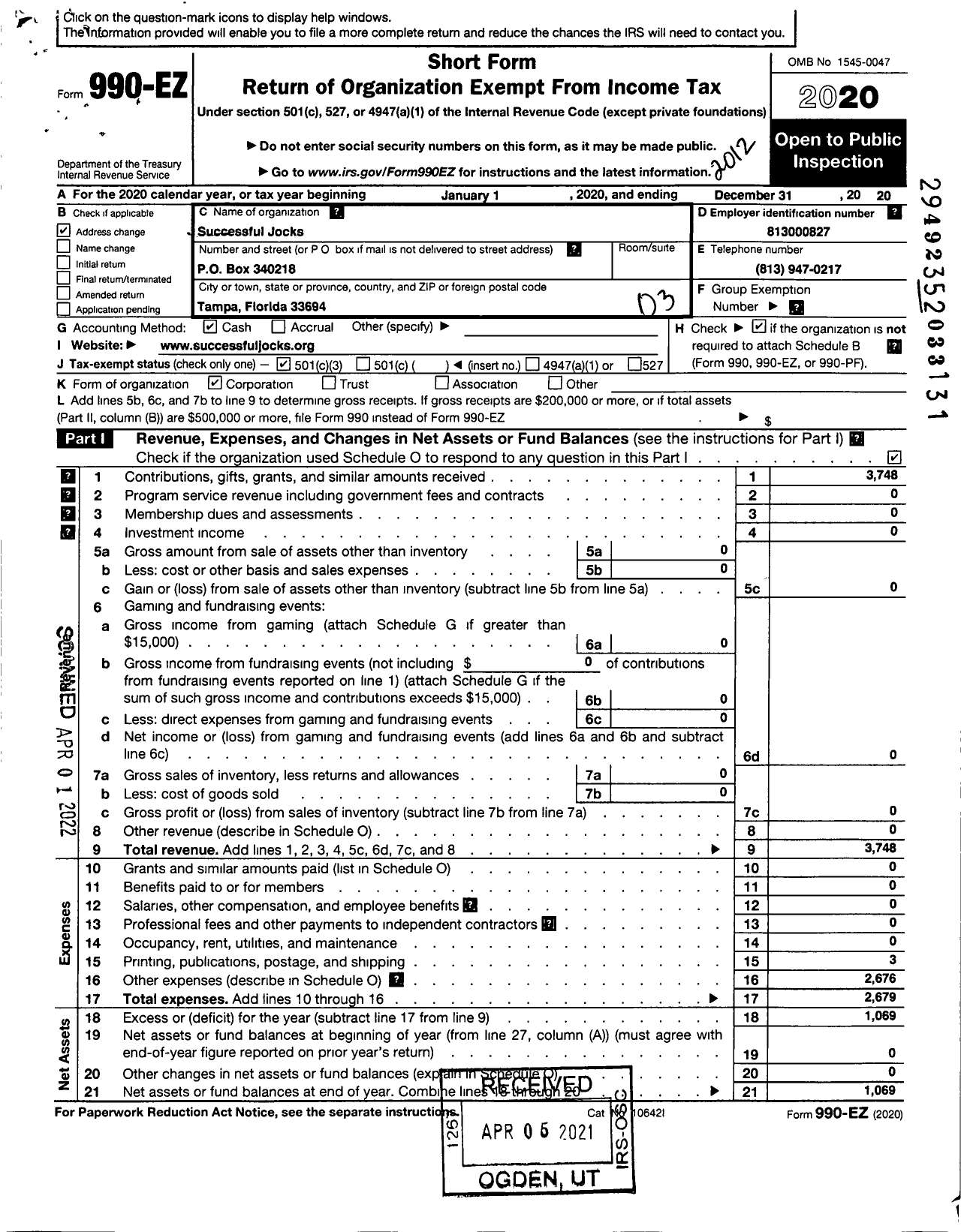 Image of first page of 2020 Form 990EZ for Successful Jocks