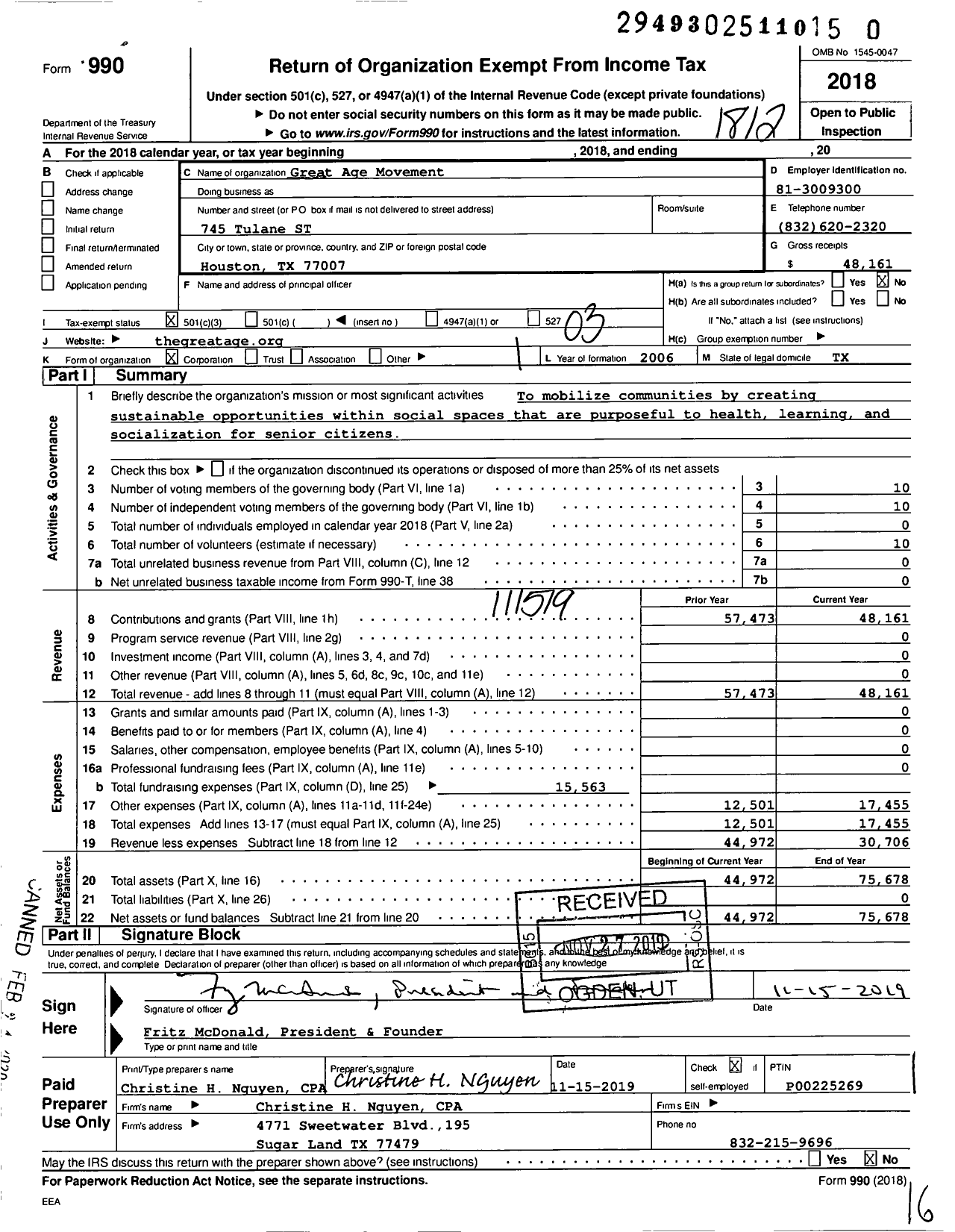 Image of first page of 2018 Form 990 for Great Age Movement