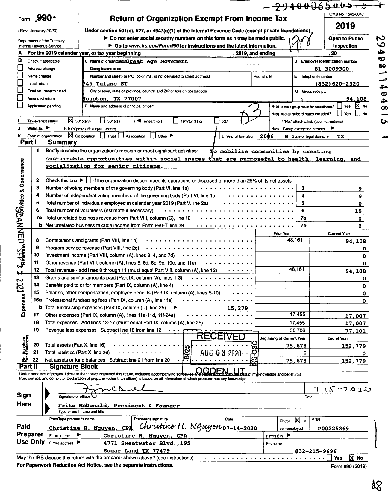 Image of first page of 2019 Form 990 for Great Age Movement