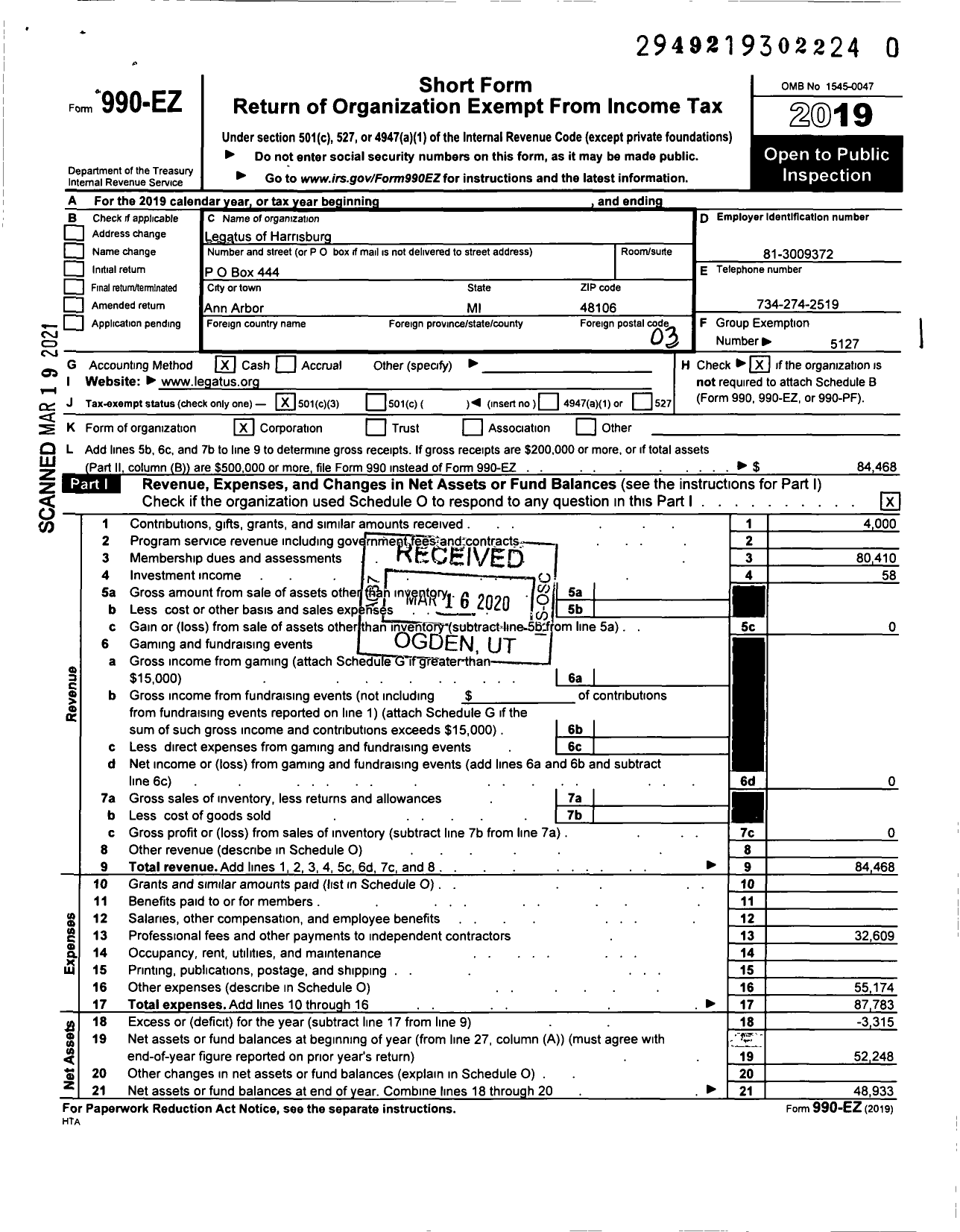 Image of first page of 2019 Form 990EZ for Legatus of Harrisburg