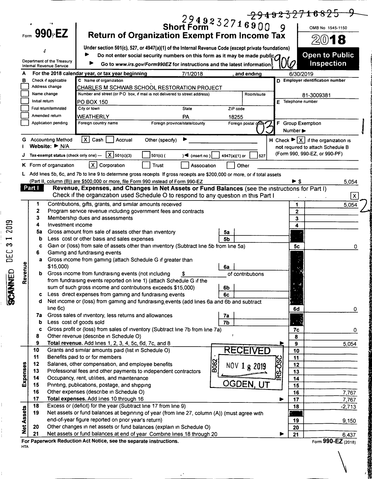 Image of first page of 2018 Form 990EZ for Charles M Schwab School Restoration Project