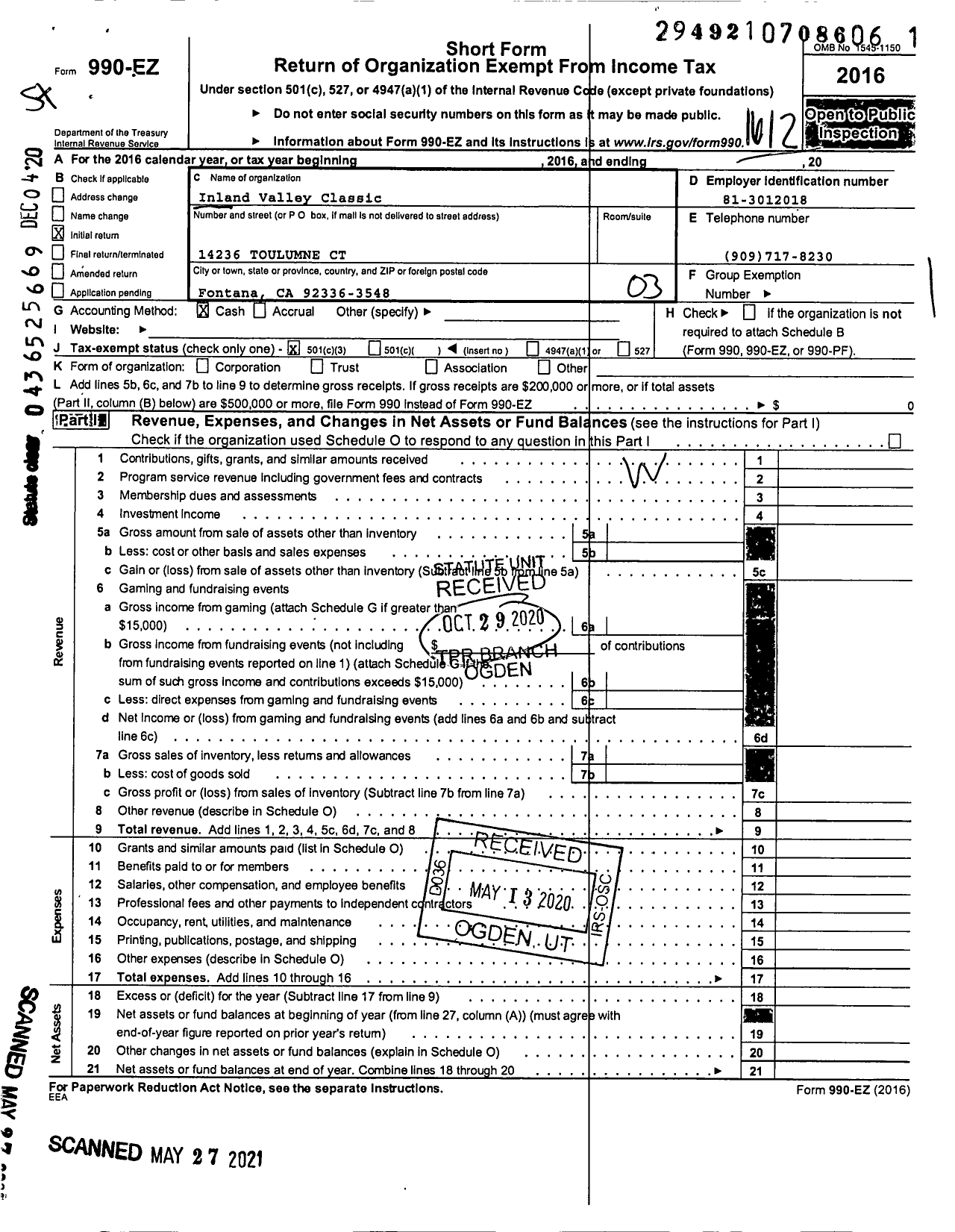 Image of first page of 2016 Form 990EZ for Inland Valley Classic