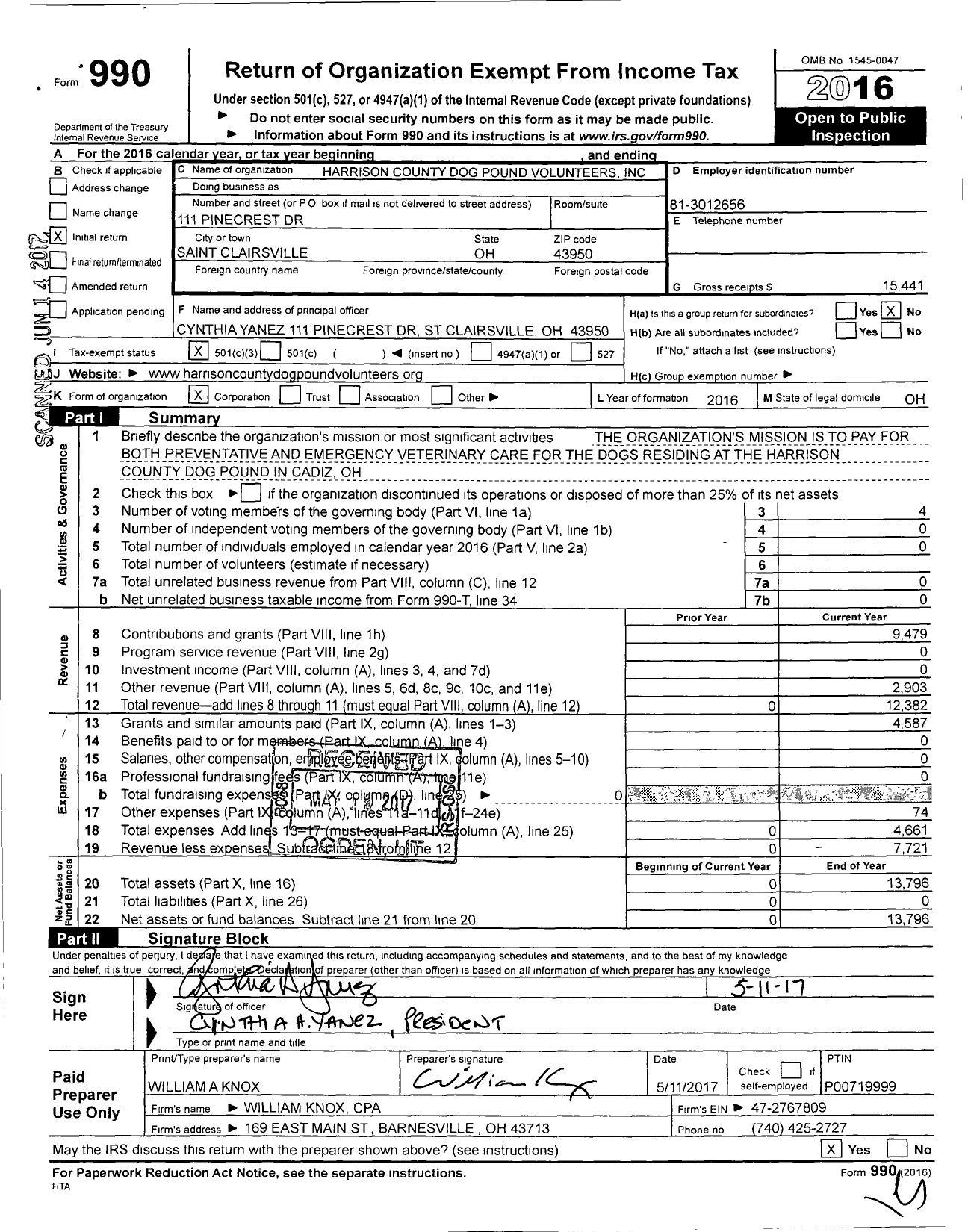 Image of first page of 2016 Form 990 for Harrison County Dog Pound Volunteers