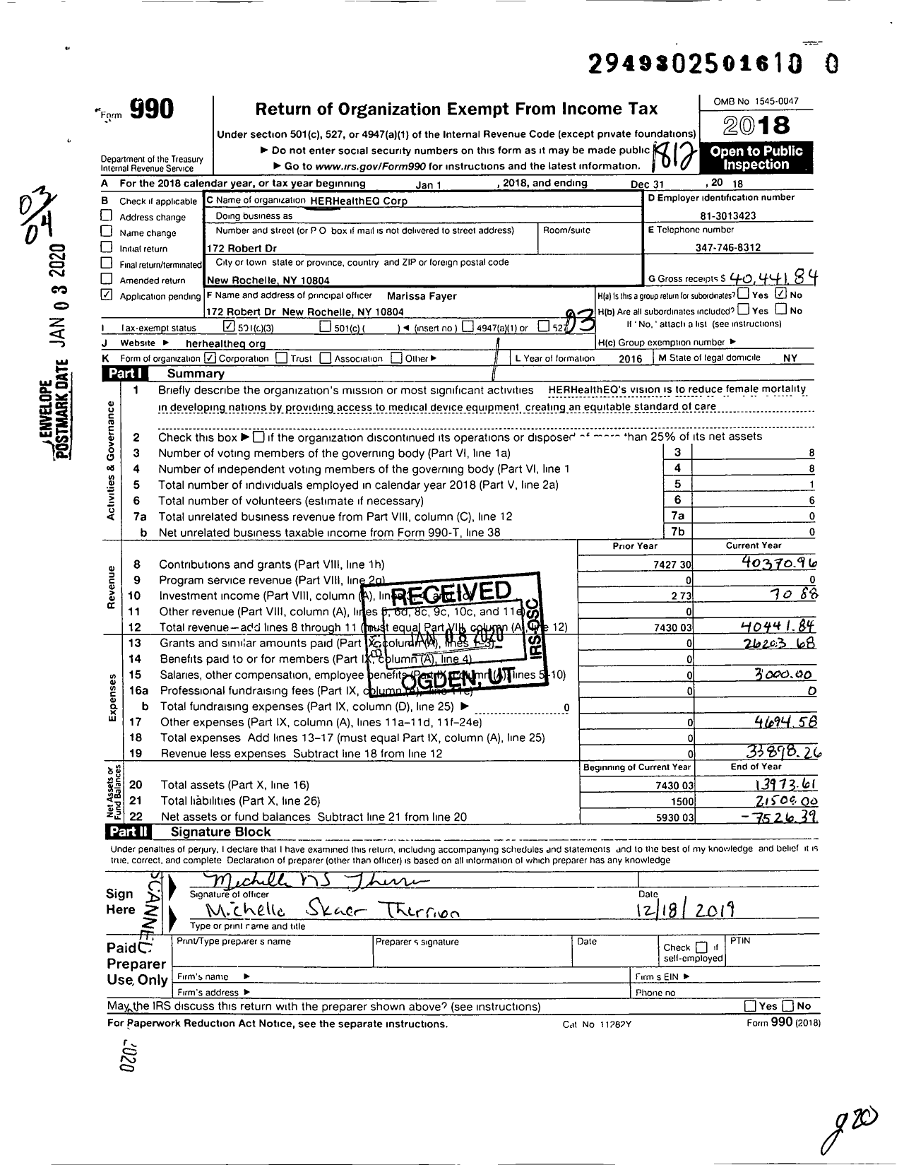 Image of first page of 2018 Form 990 for Herhealtheq Corporation