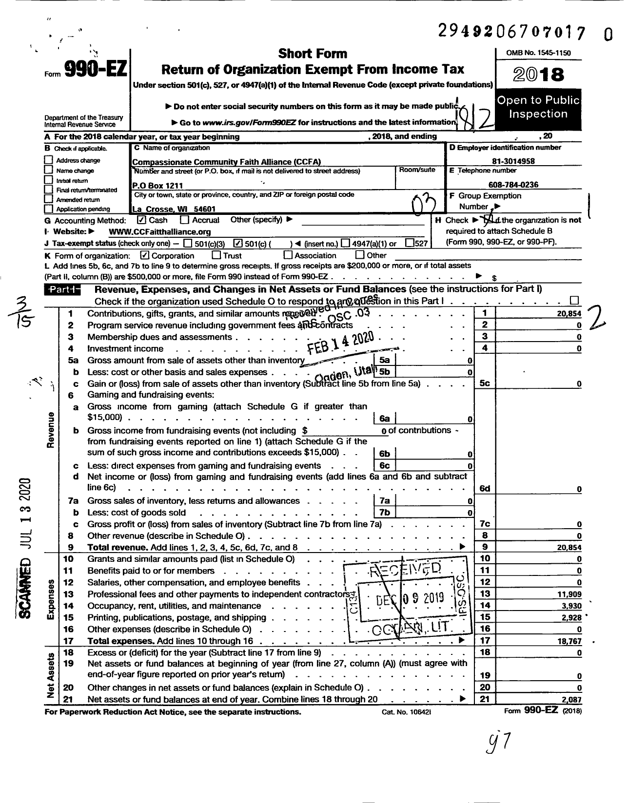 Image of first page of 2018 Form 990EZ for Compassionate Community Faith Alliance (CCFA)