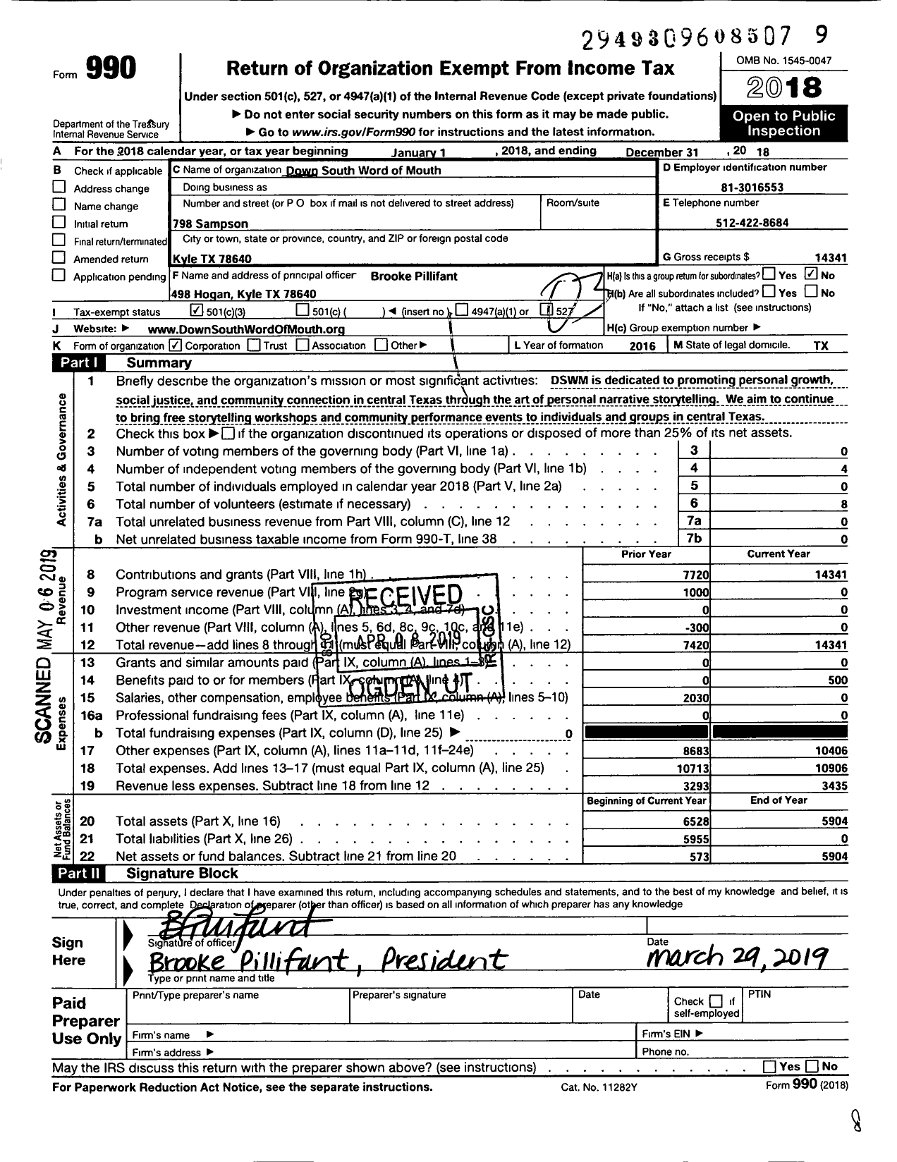 Image of first page of 2018 Form 990 for Down South Word of Mouth