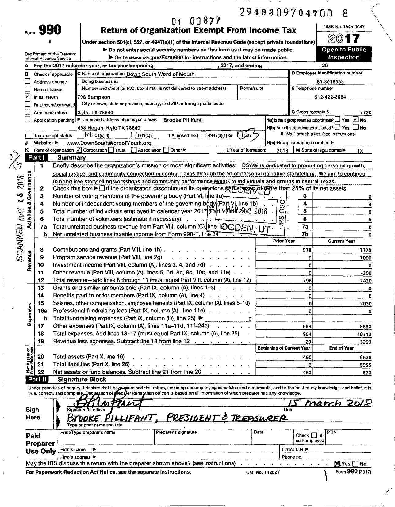 Image of first page of 2017 Form 990 for Down South Word of Mouth