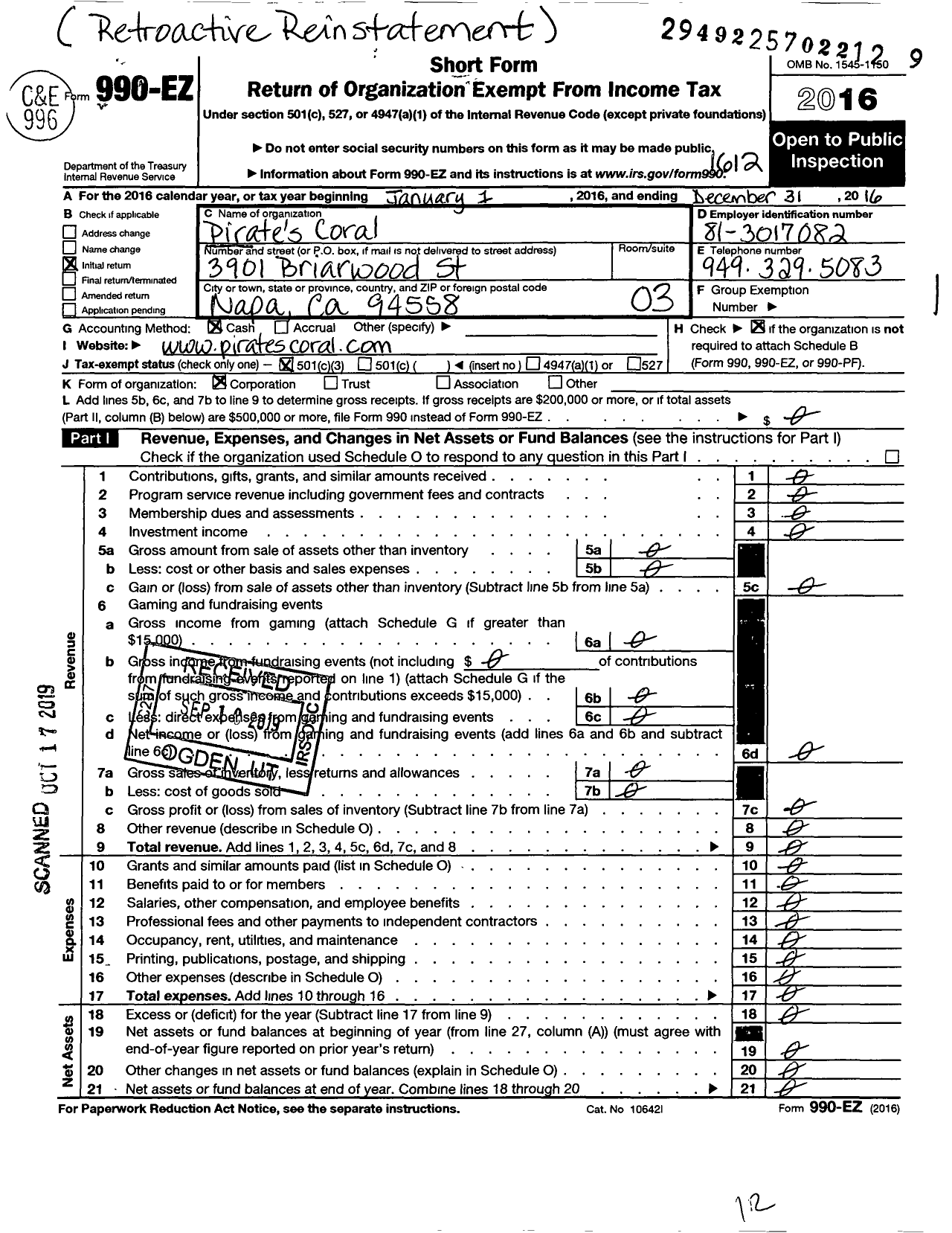 Image of first page of 2016 Form 990EZ for Pirates Coral