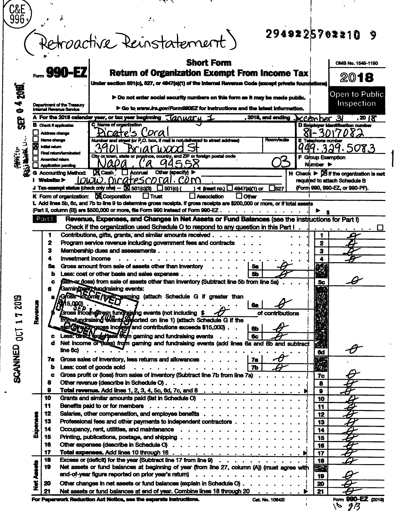 Image of first page of 2018 Form 990EZ for Pirates Coral