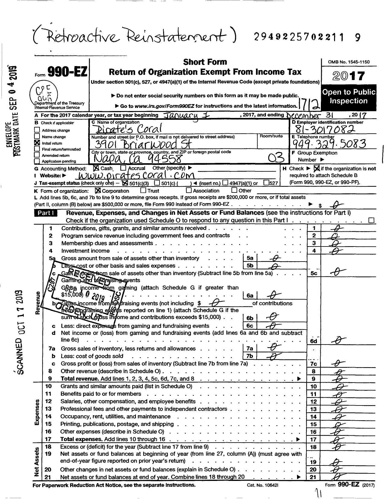 Image of first page of 2017 Form 990EZ for Pirates Coral