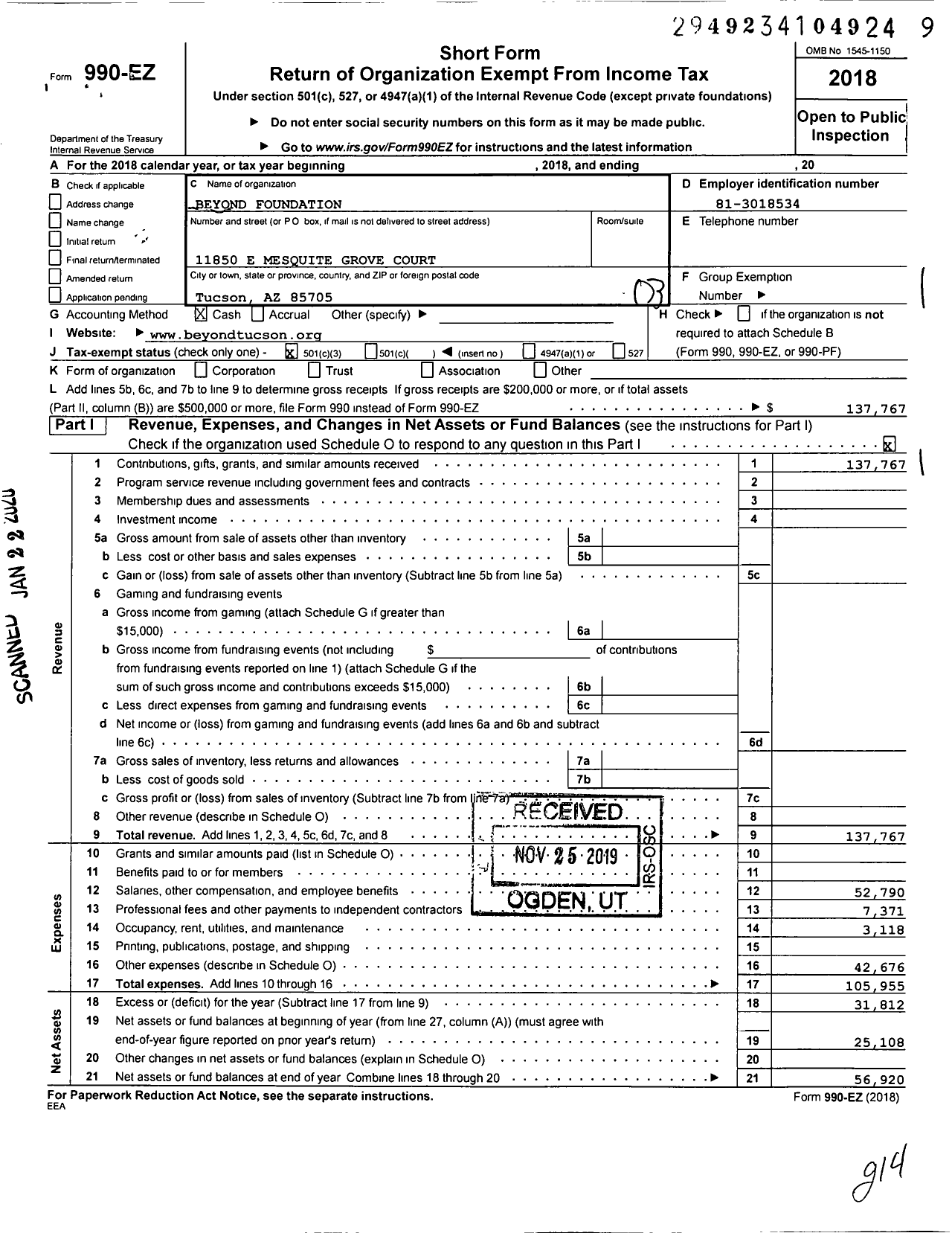 Image of first page of 2018 Form 990EZ for Beyond Foundation
