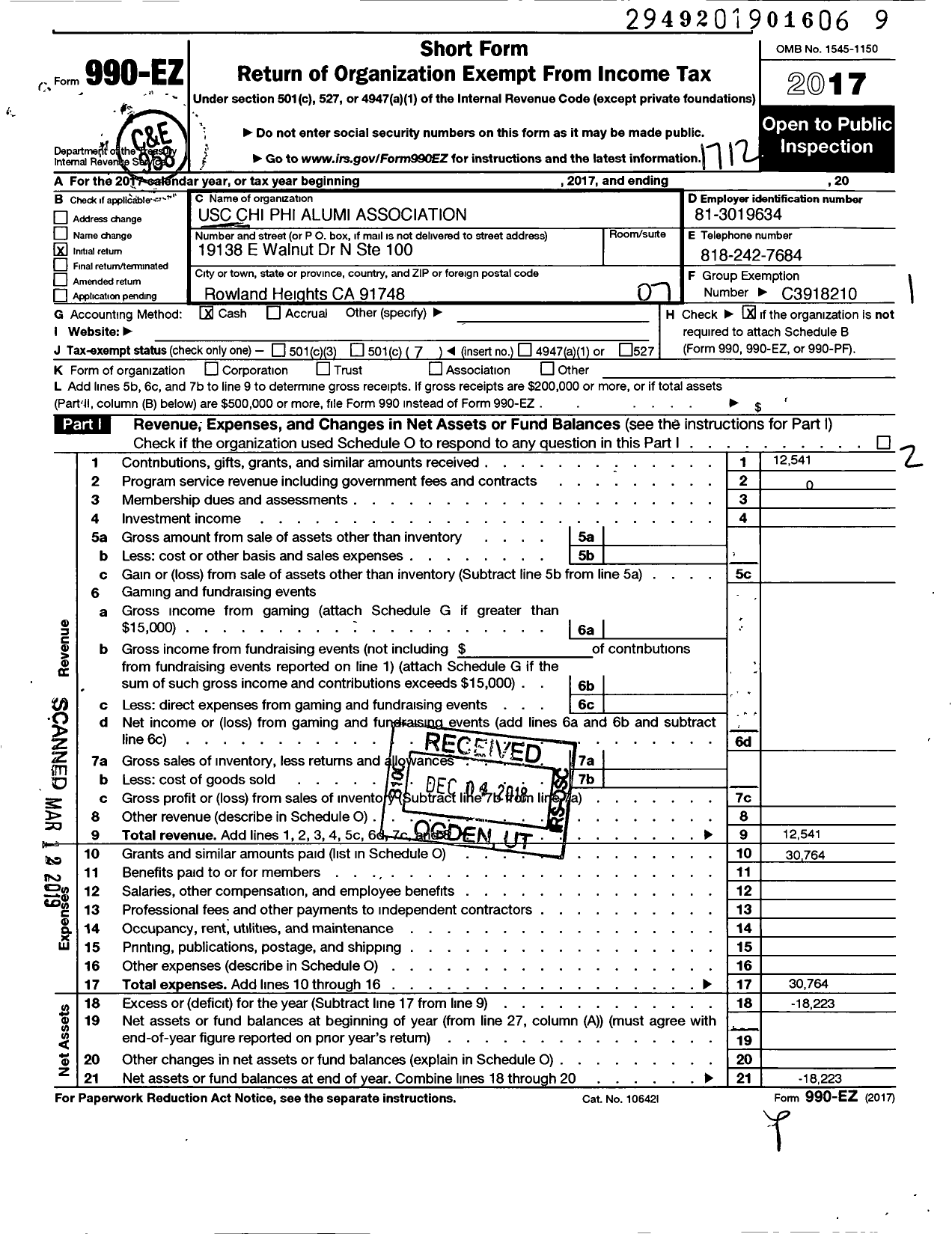 Image of first page of 2017 Form 990EO for Chi Phi Fraternity / Usc Chi Phi Alumni Association