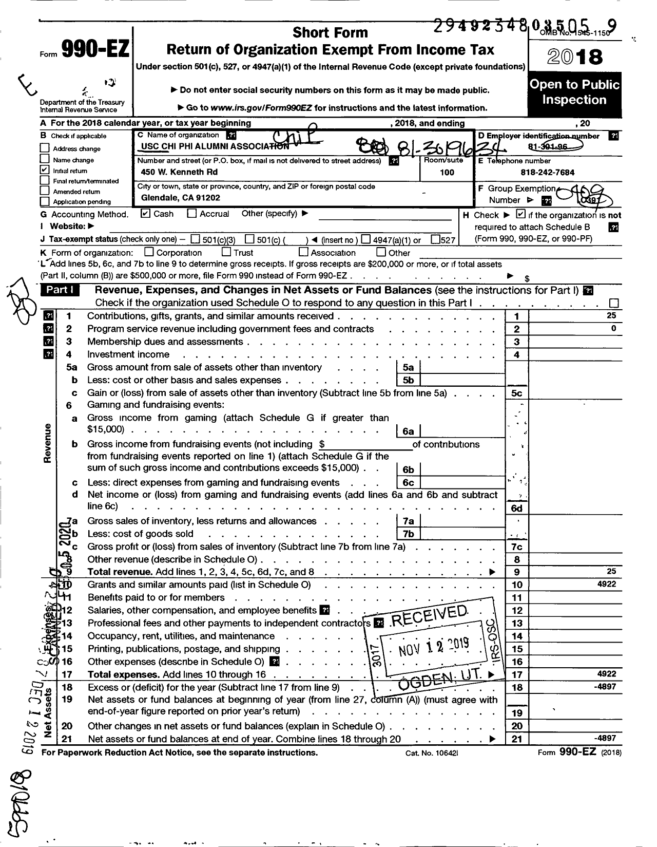 Image of first page of 2018 Form 990EO for Chi Phi Fraternity / Usc Chi Phi Alumni Association