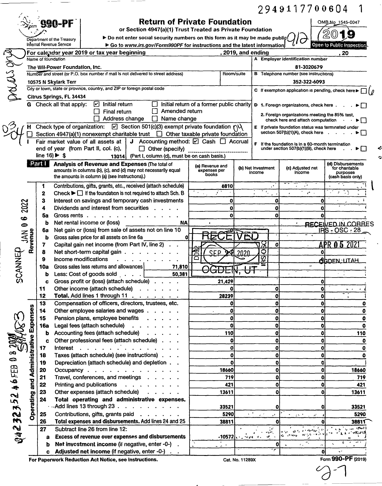 Image of first page of 2019 Form 990PF for Wil-Power Wellness