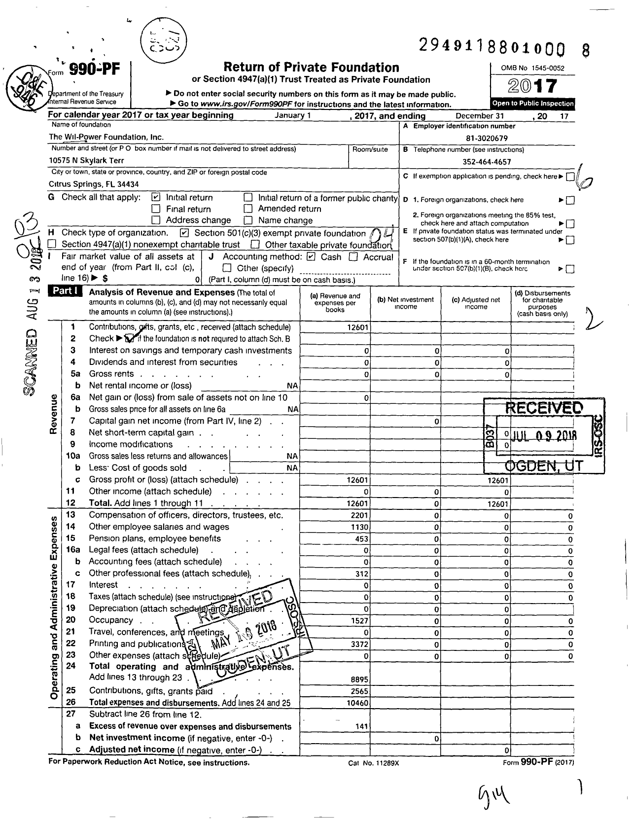 Image of first page of 2017 Form 990PF for Wil-Power Wellness