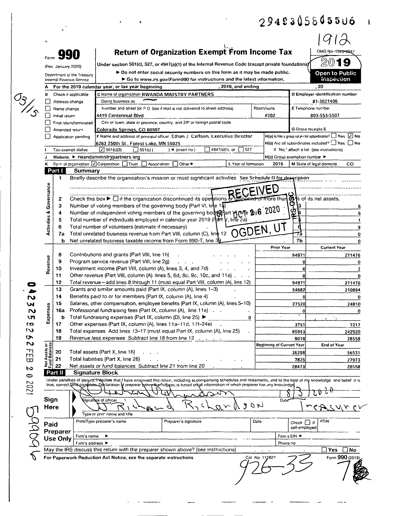 Image of first page of 2019 Form 990 for Rwanda Ministry Partners