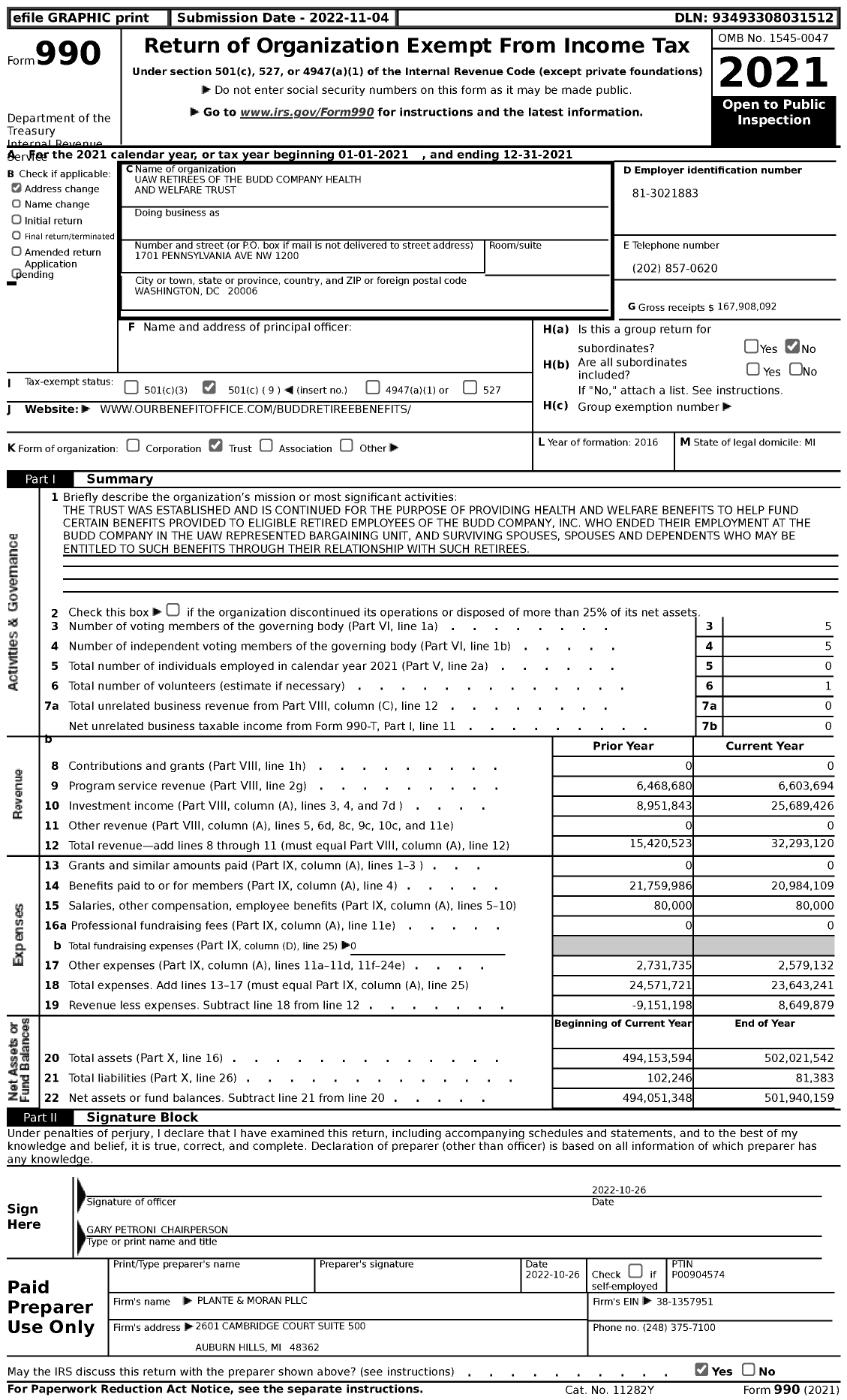 Image of first page of 2021 Form 990 for Uaw Retirees of the Budd Company Health and Welfare Trust