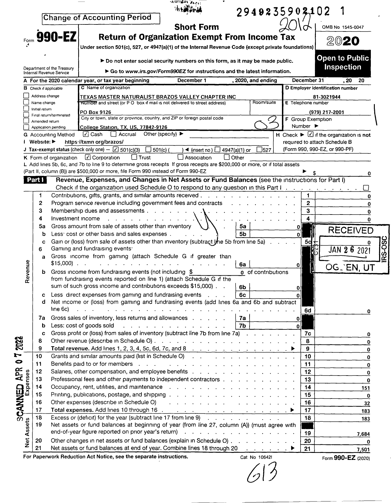 Image of first page of 2020 Form 990EZ for Texas Master Naturalist Brazos Valley Chapter