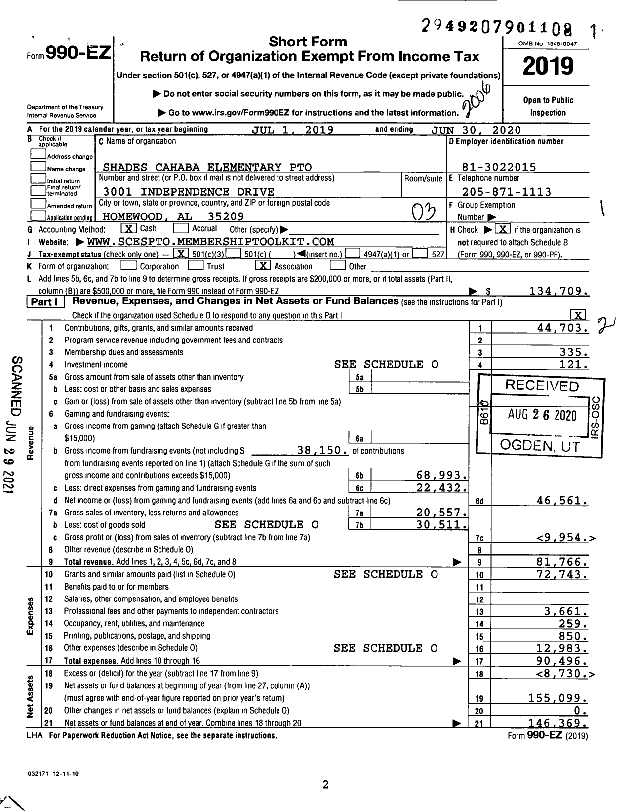 Image of first page of 2019 Form 990EZ for Shades Cahaba Elementary Pto