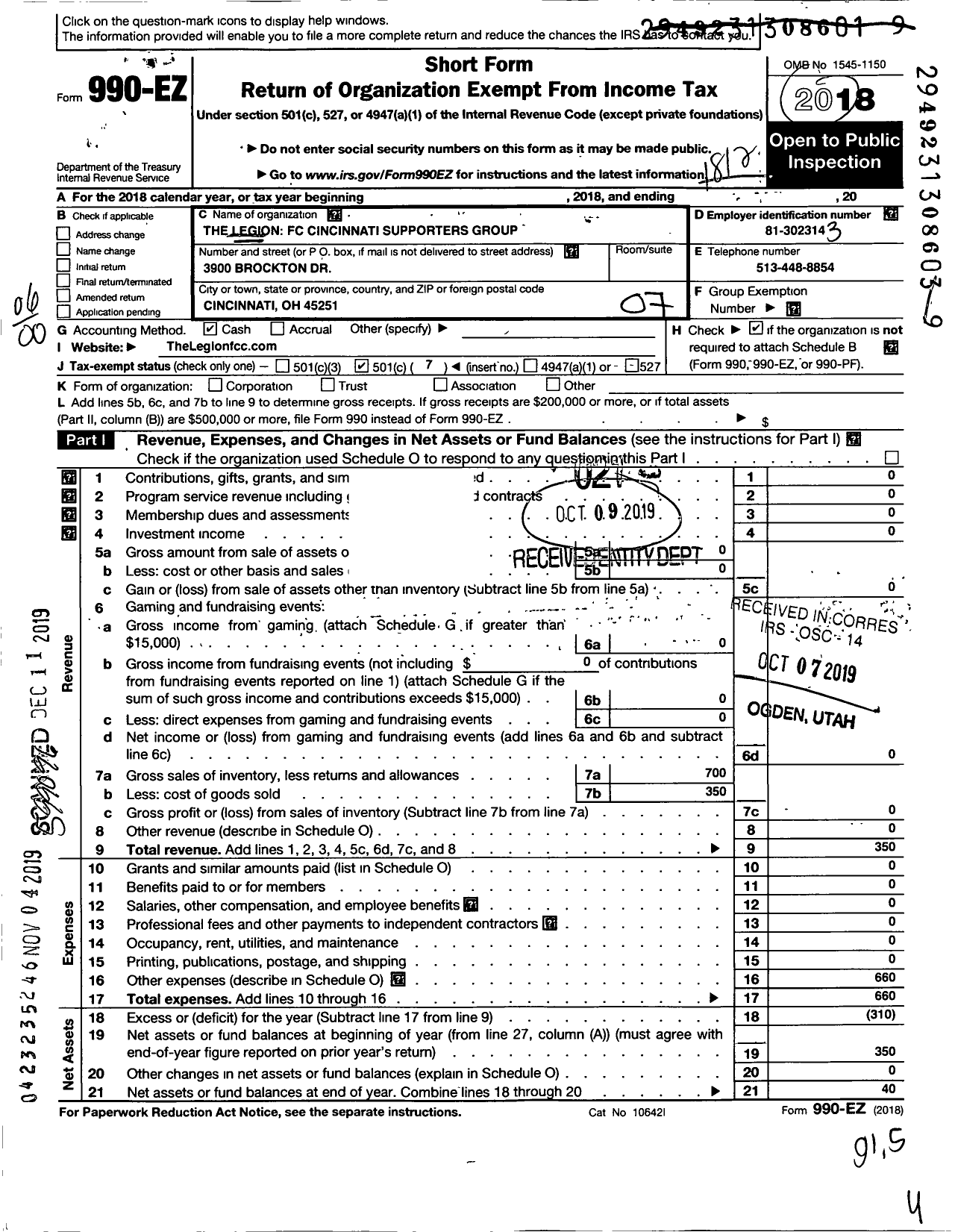 Image of first page of 2018 Form 990EO for Legion FC Cincinnati Supporters Club