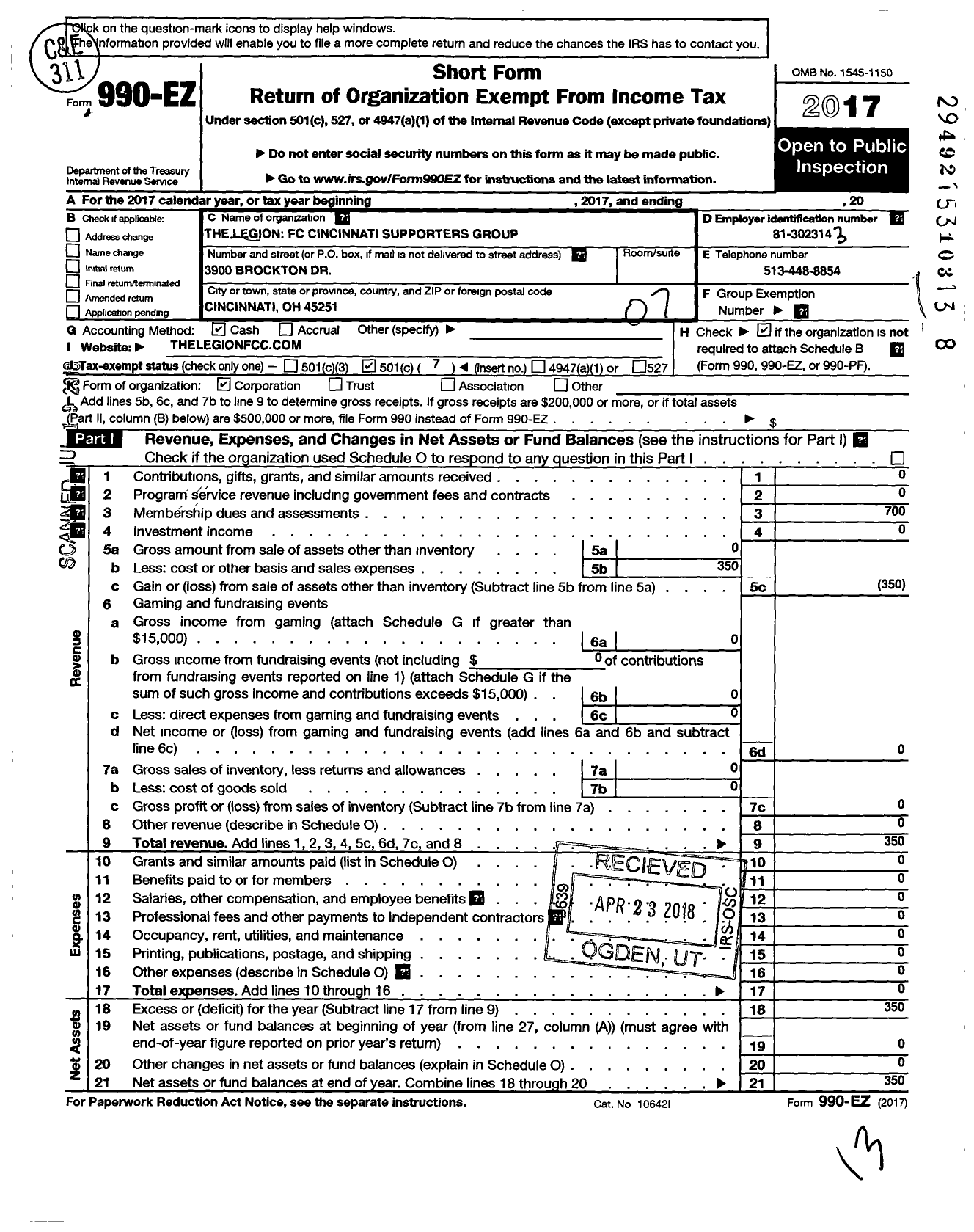 Image of first page of 2017 Form 990EO for Legion FC Cincinnati Supporters Club