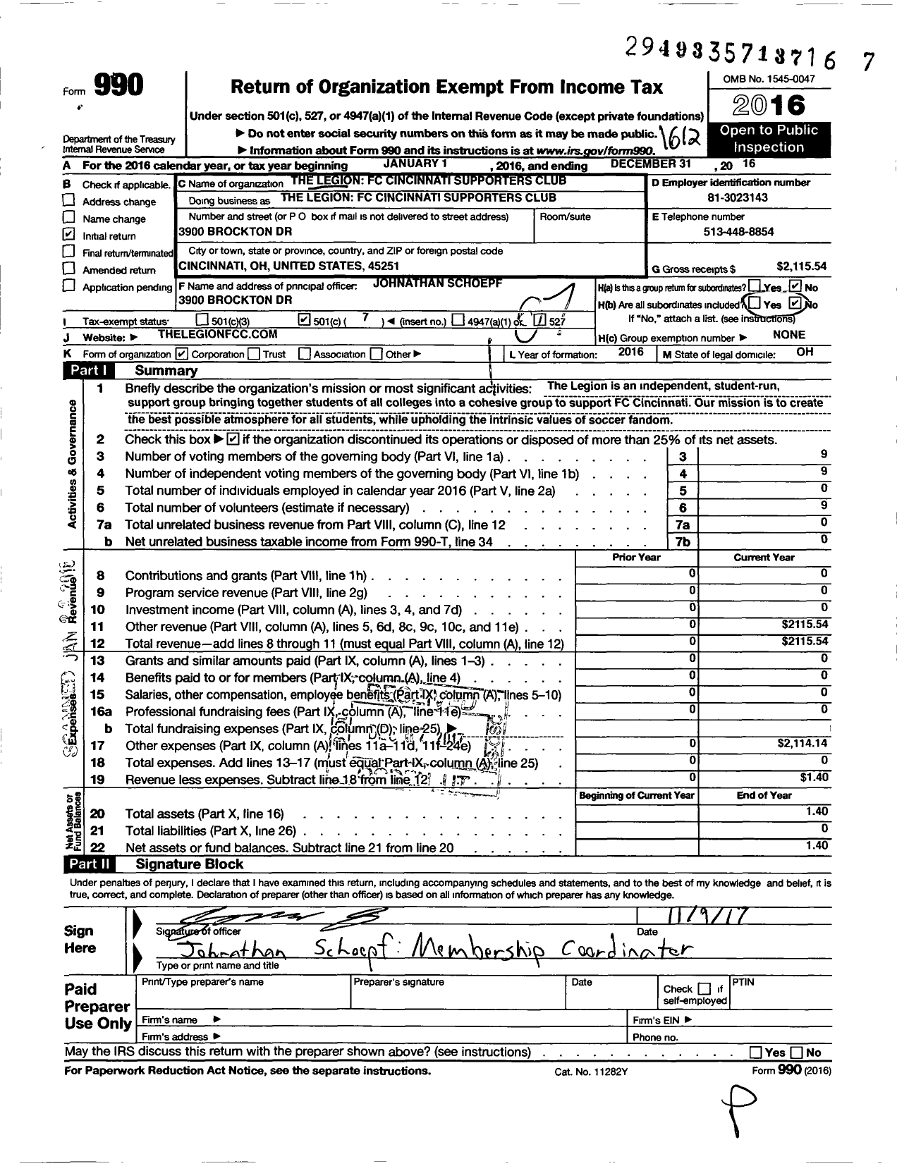 Image of first page of 2016 Form 990O for Legion FC Cincinnati Supporters Club