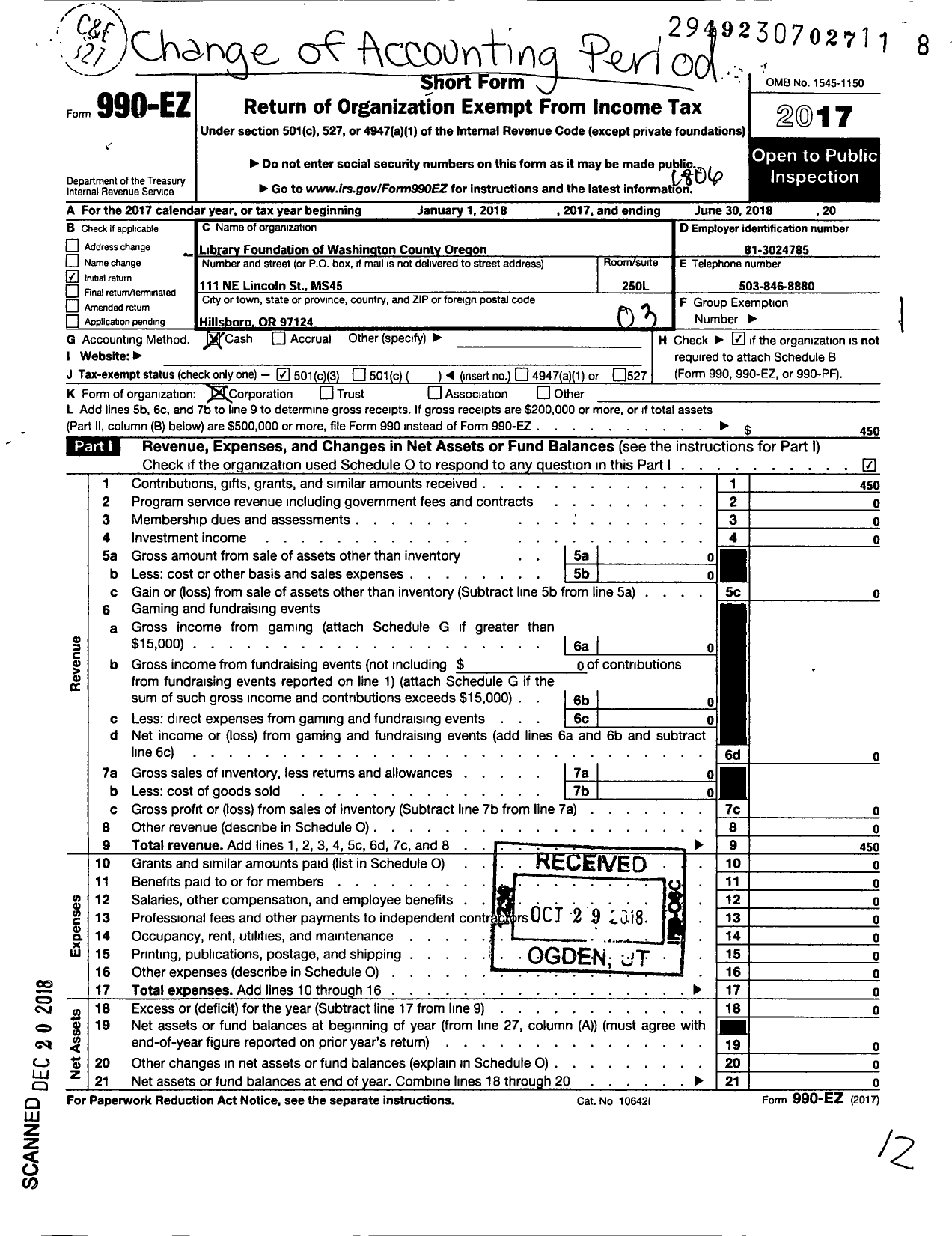 Image of first page of 2017 Form 990EZ for Library Foundation of Washington County Oregon