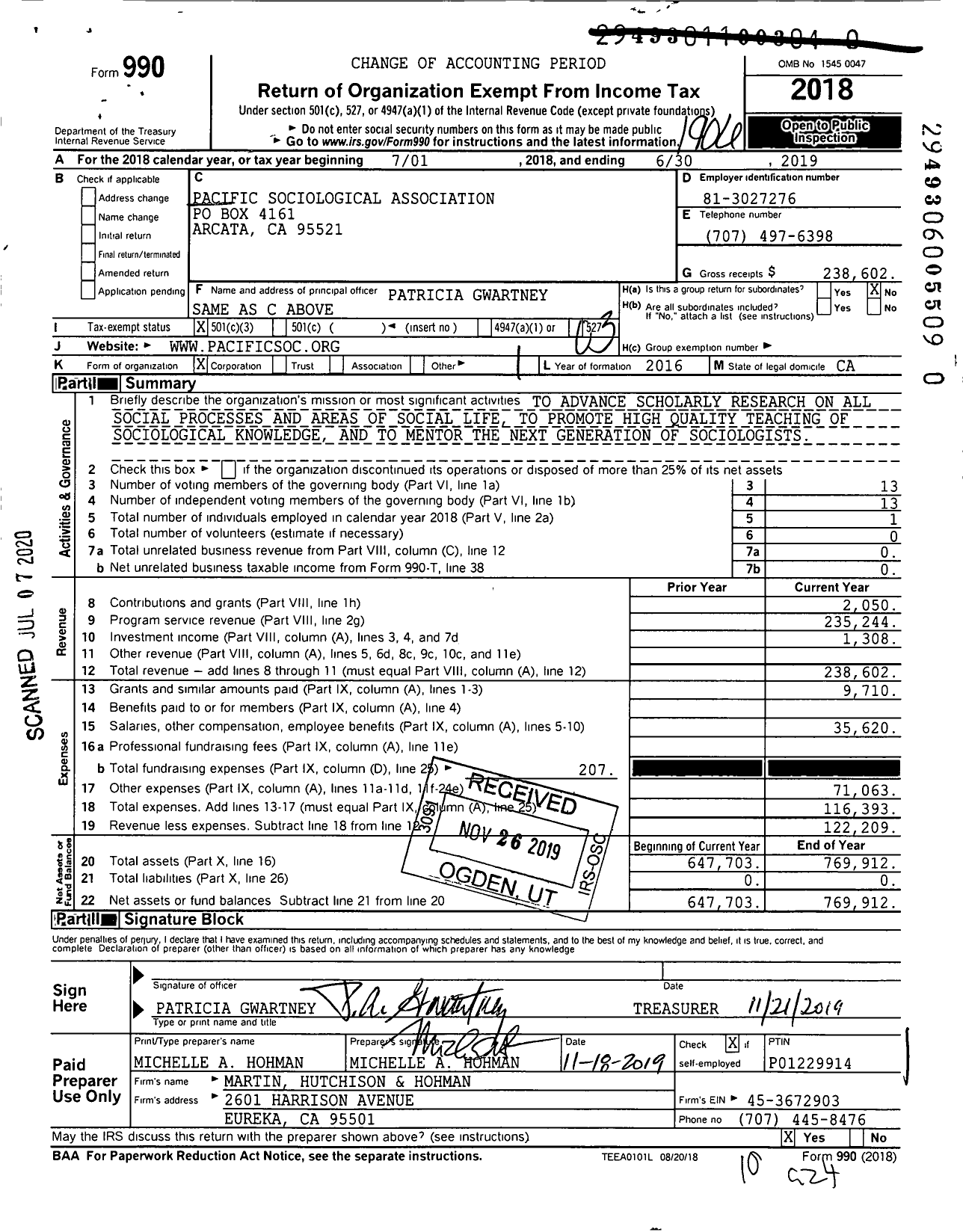 Image of first page of 2018 Form 990 for Pacific Sociological Association