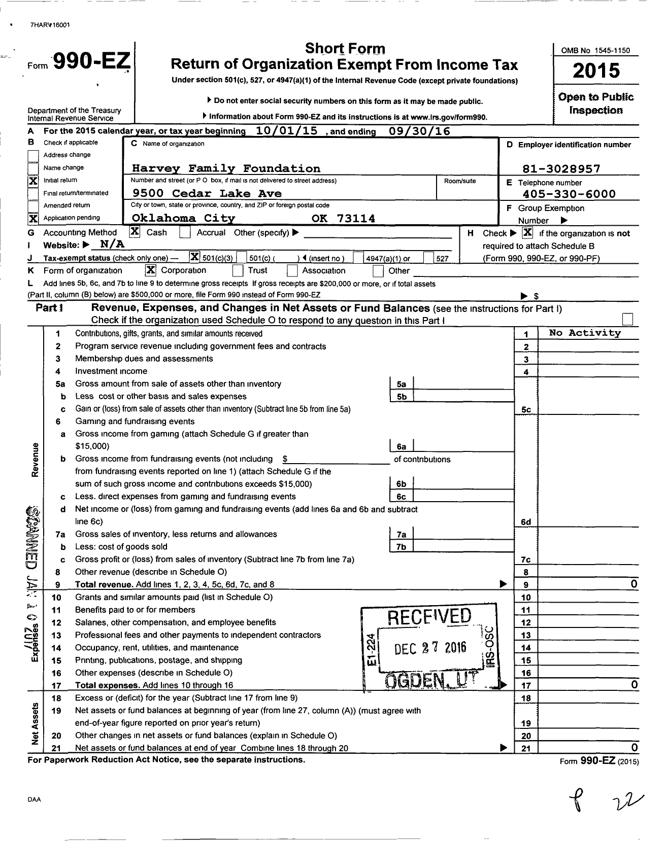 Image of first page of 2015 Form 990EZ for Harvey Family Foundation