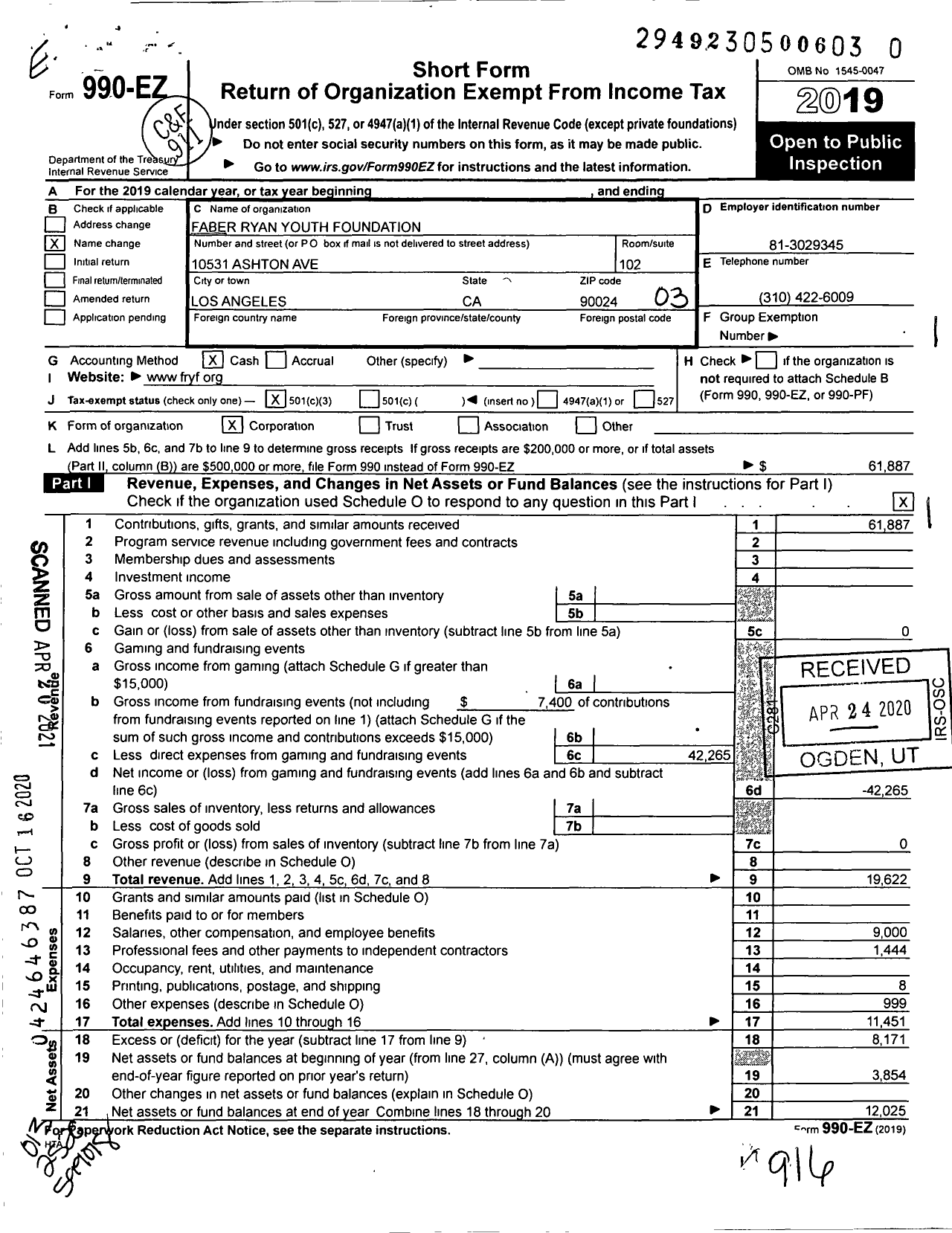 Image of first page of 2019 Form 990EZ for Faber Ryan Youth Foundation