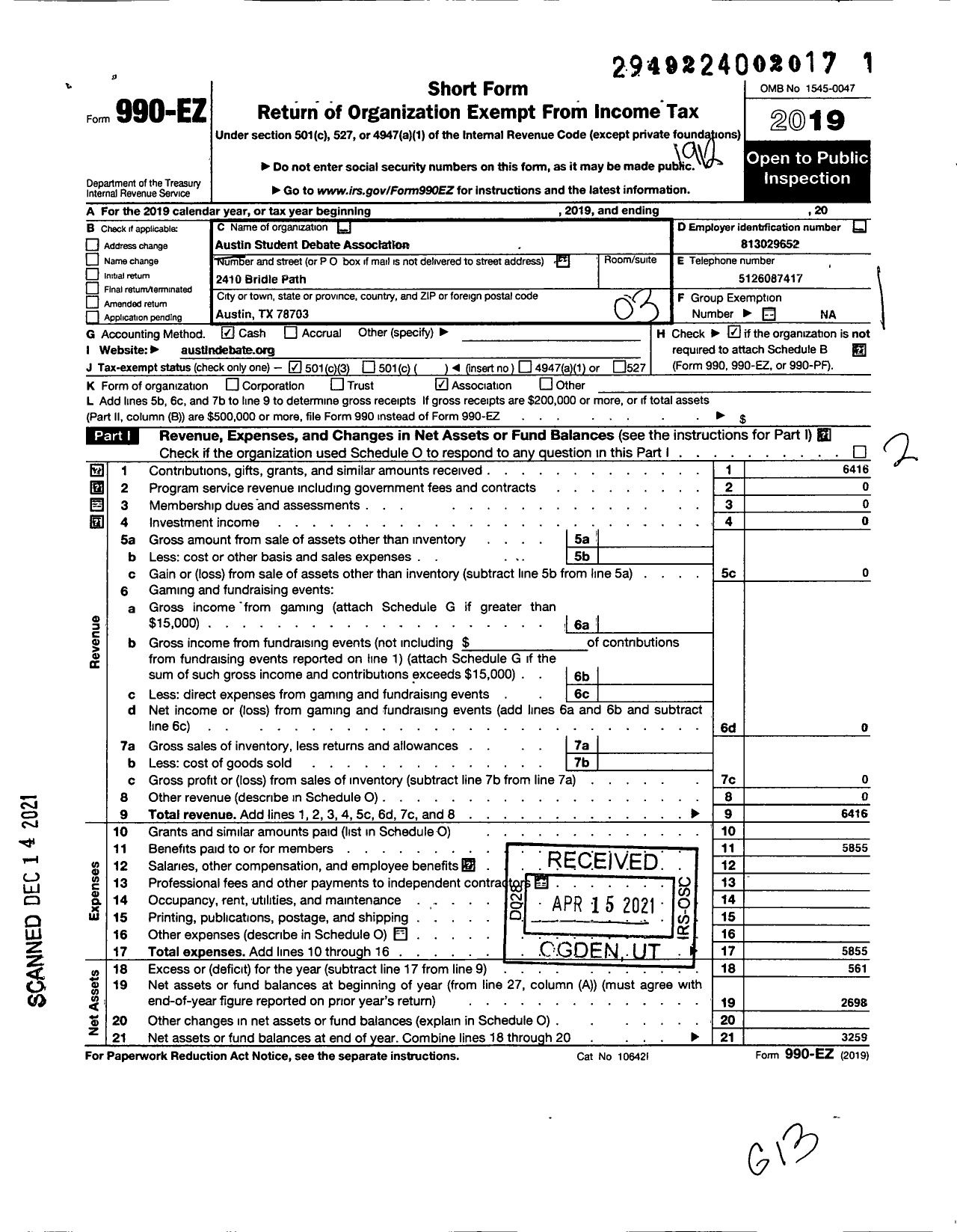 Image of first page of 2019 Form 990EZ for Austin Student Debate Association