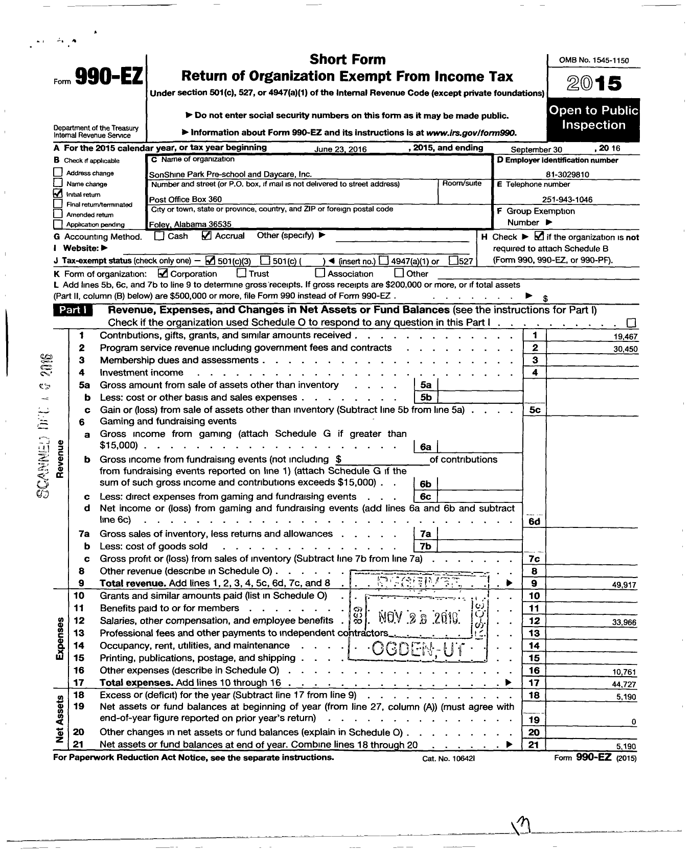 Image of first page of 2015 Form 990EZ for Sonshine Park Pre-School and Daycare