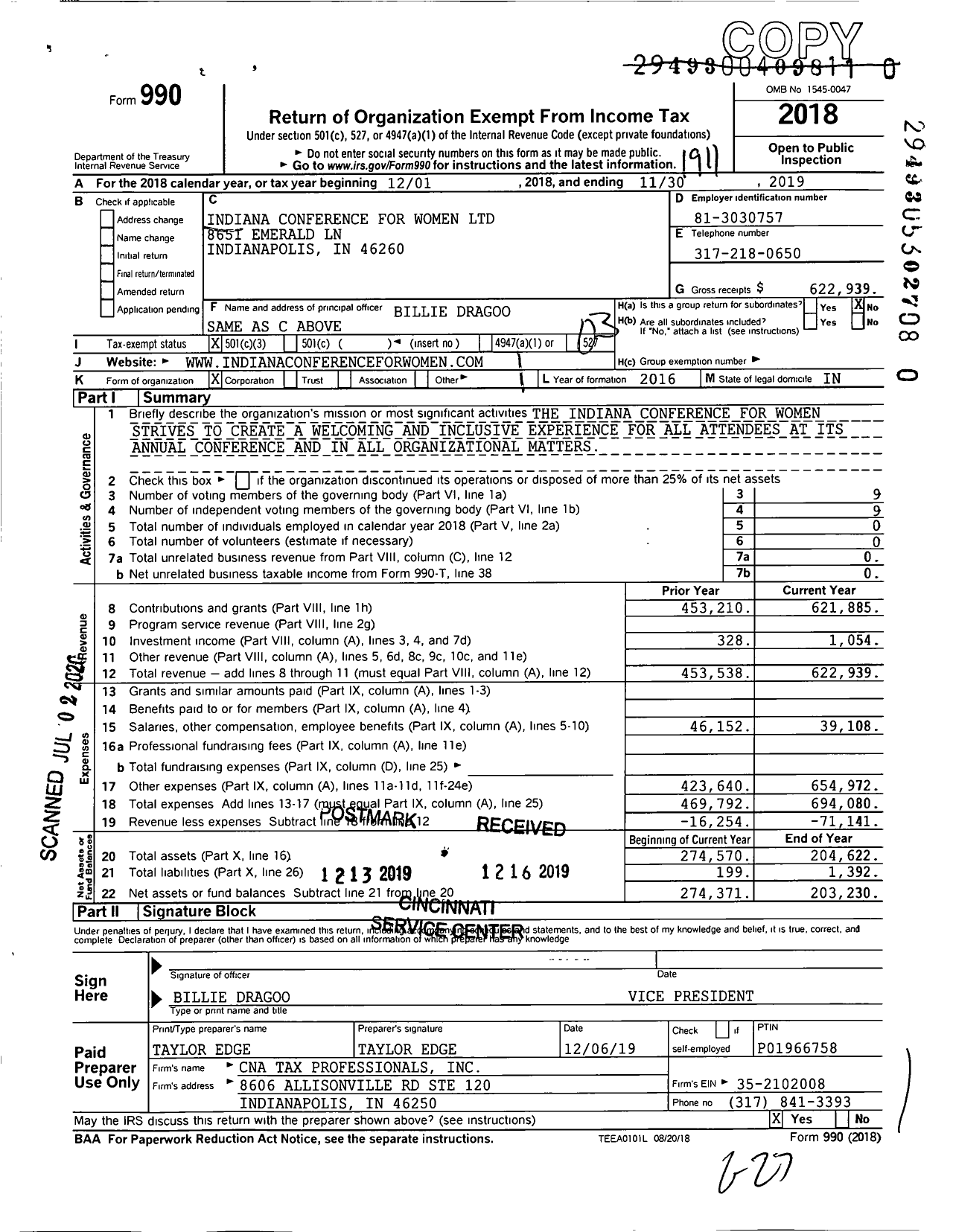 Image of first page of 2018 Form 990 for Indiana Conference for Women