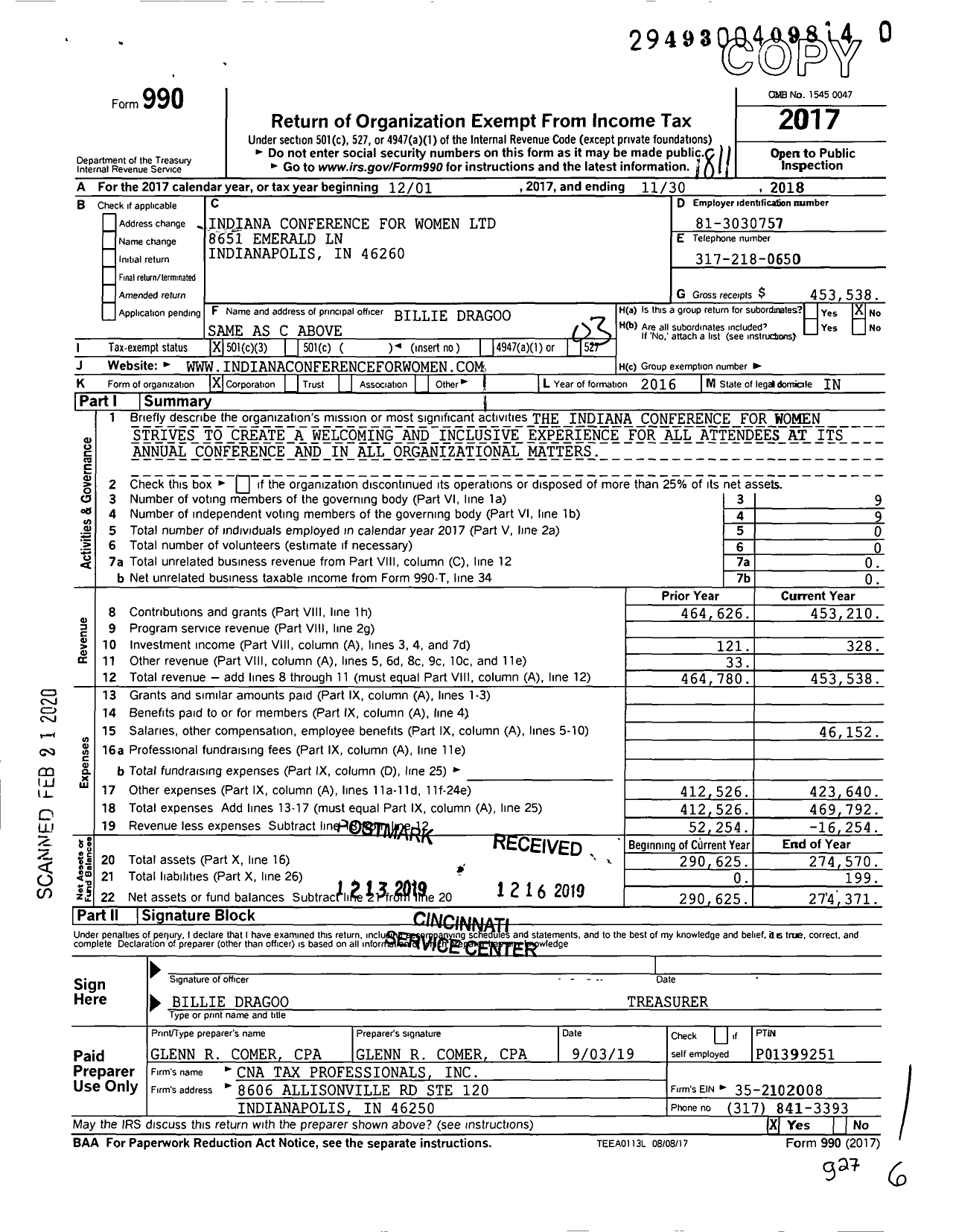 Image of first page of 2017 Form 990 for Indiana Conference for Women