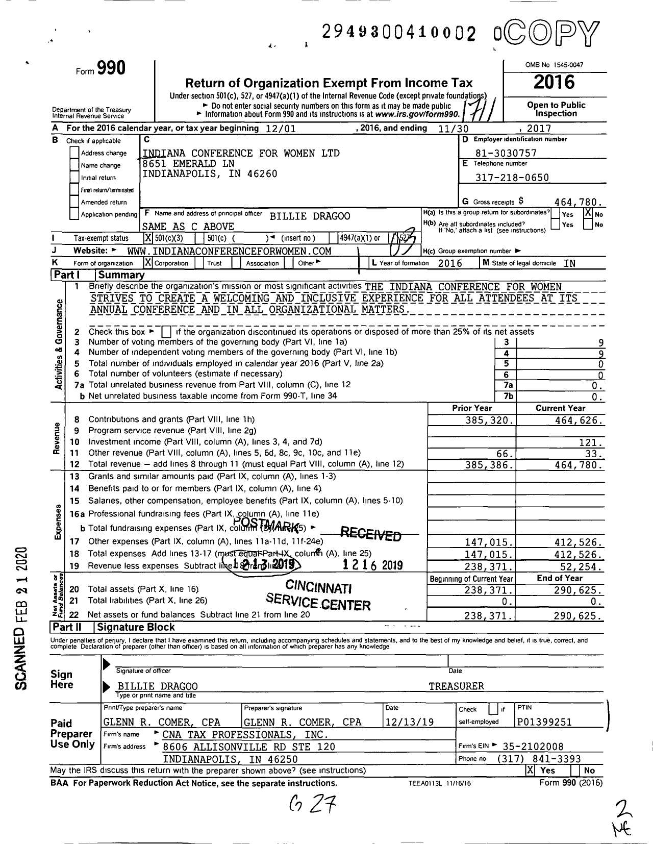 Image of first page of 2016 Form 990 for Indiana Conference for Women