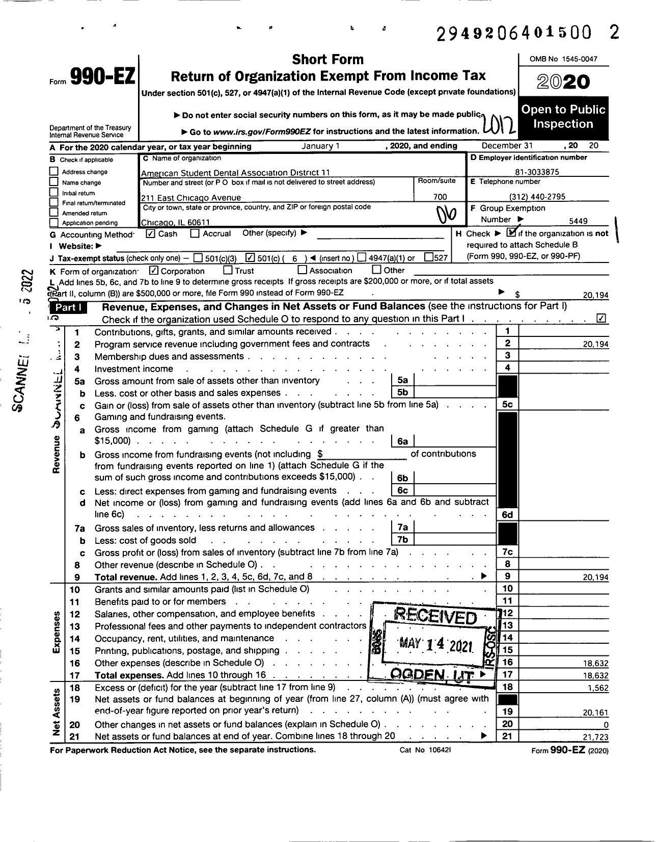 Image of first page of 2020 Form 990EO for AMERICAN STUDENT DENTAL ASSOCIATION - 11 District