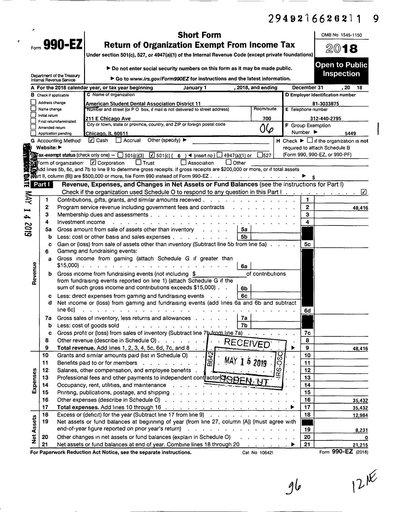 Image of first page of 2018 Form 990EO for AMERICAN STUDENT DENTAL ASSOCIATION - 11 District