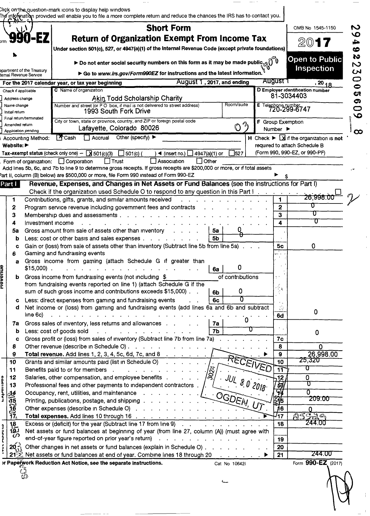 Image of first page of 2017 Form 990EZ for Akin Todd Scholarship Corporation