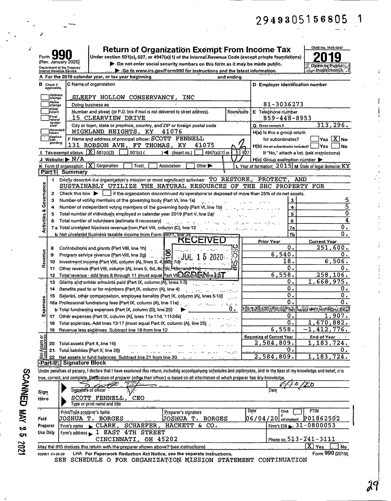 Image of first page of 2019 Form 990 for Sleepy Hollow Conservancy