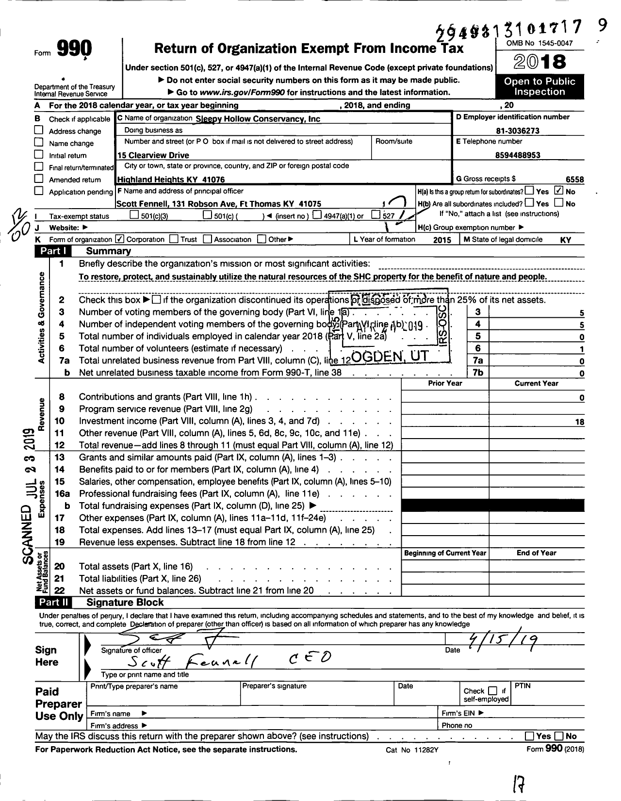 Image of first page of 2018 Form 990O for Sleepy Hollow Conservancy