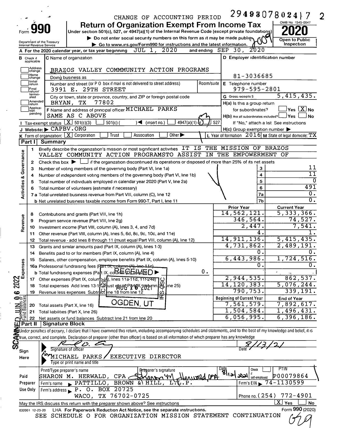 Image of first page of 2019 Form 990 for Brazos Valley Commmunity Action Programs