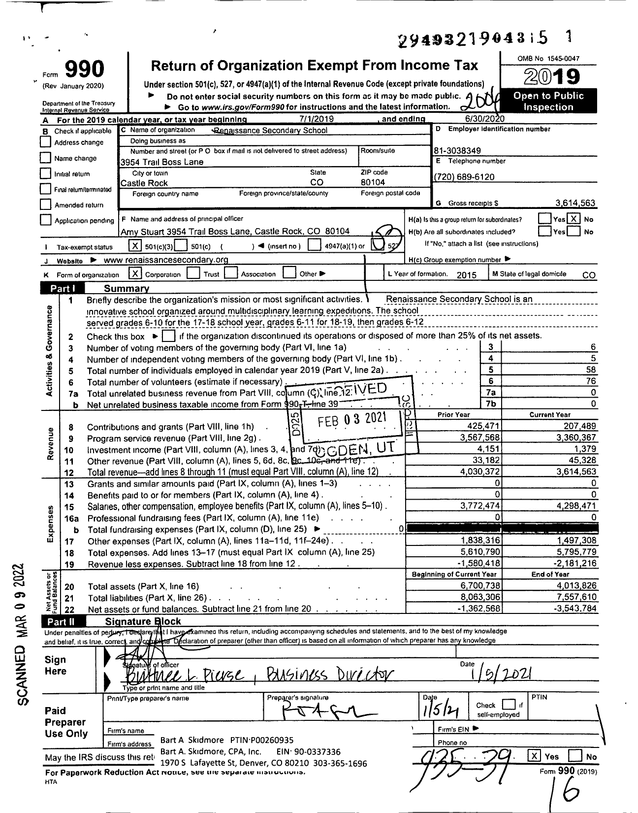 Image of first page of 2019 Form 990 for Renaissance Secondary School