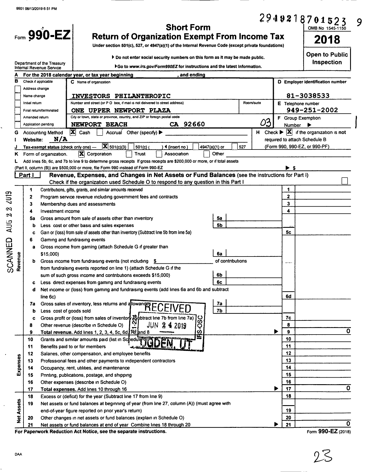 Image of first page of 2018 Form 990EZ for Investors Philanthropic