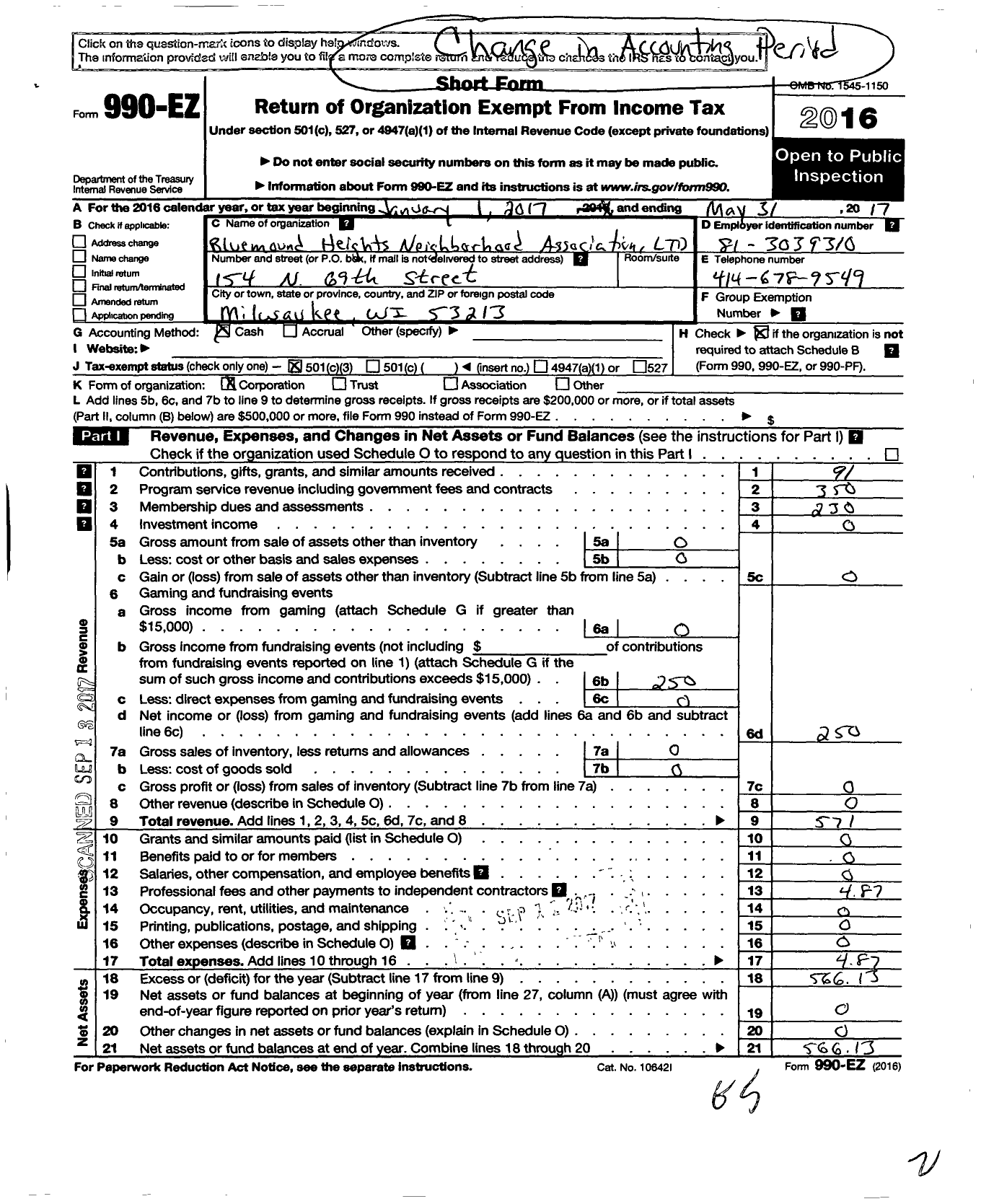 Image of first page of 2016 Form 990EZ for Bluemound Heights Neighborhood Association