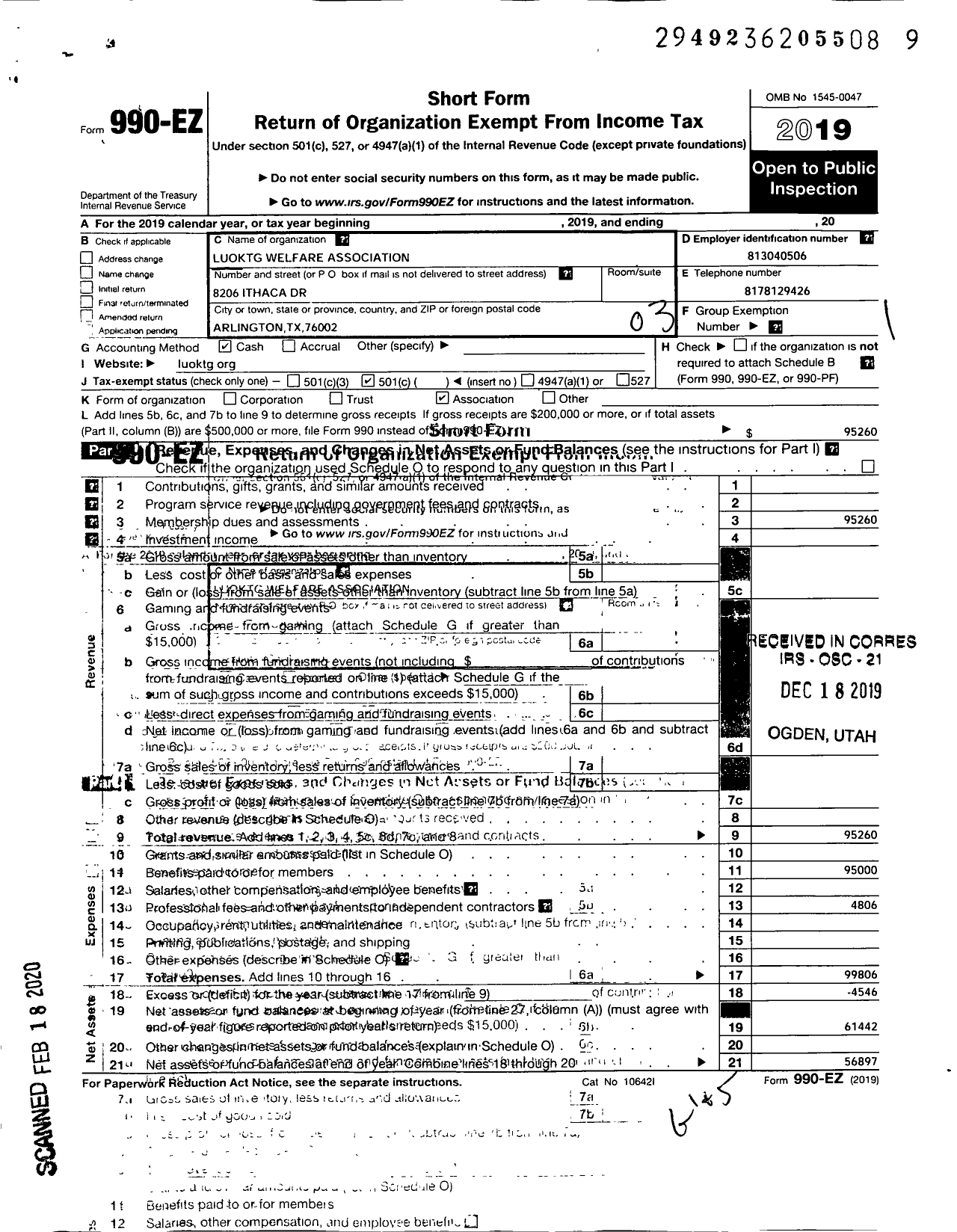 Image of first page of 2019 Form 990EZ for Luoktg Welfare Association