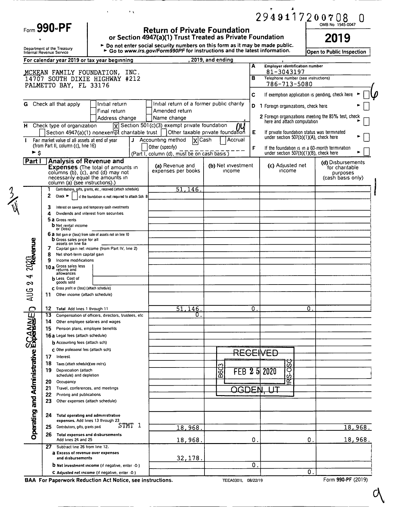 Image of first page of 2019 Form 990PR for McKean Family Foundation