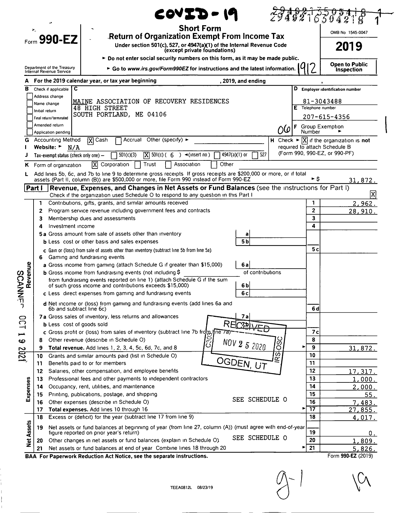 Image of first page of 2019 Form 990EO for Maine Association of Recovery Residences (MARR)