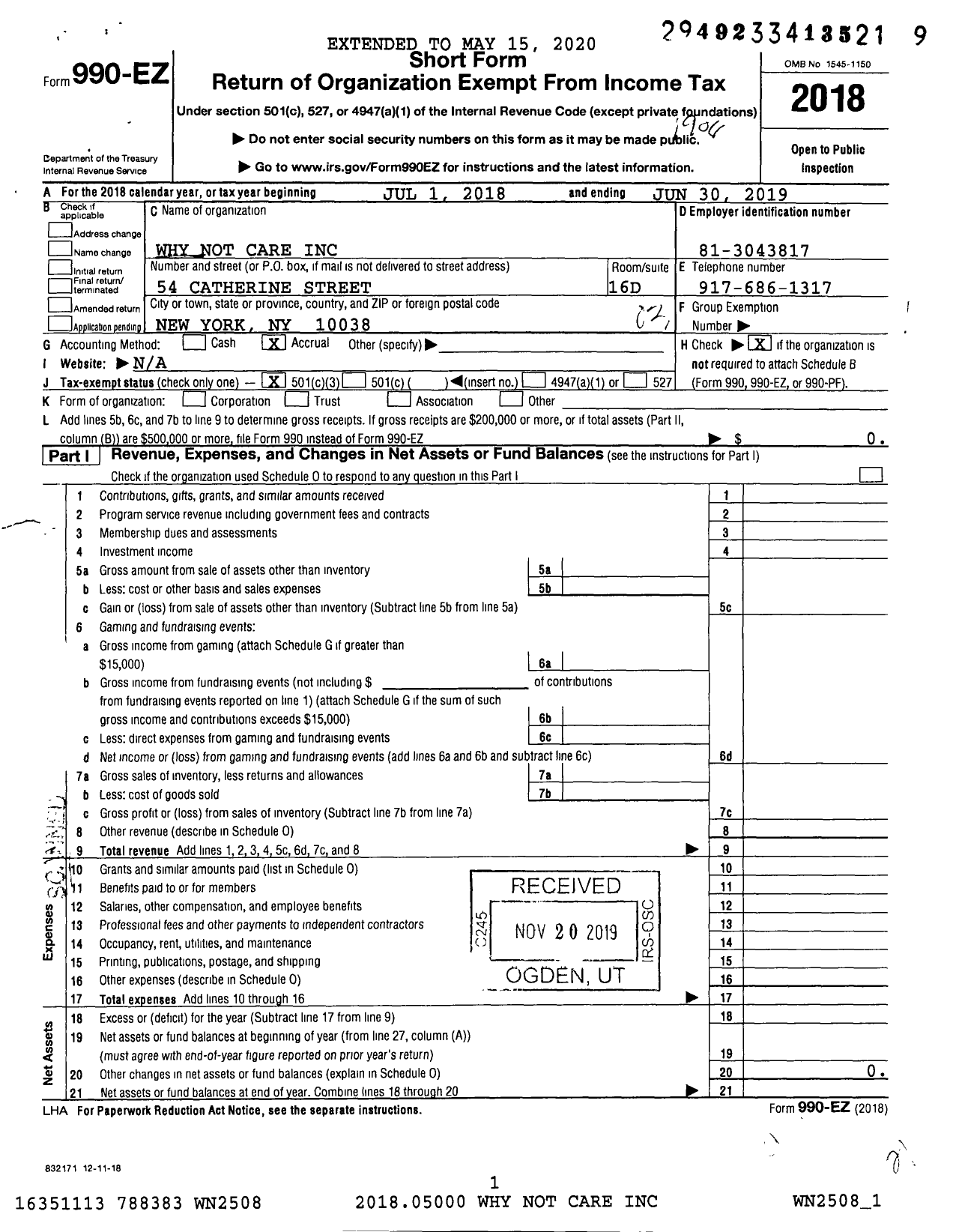 Image of first page of 2018 Form 990EZ for Why Not Care