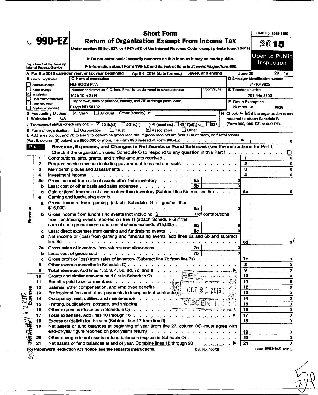 Image of first page of 2015 Form 990EZ for North Dakota Congress of Parents and Teachers / Hm-Roos PTA