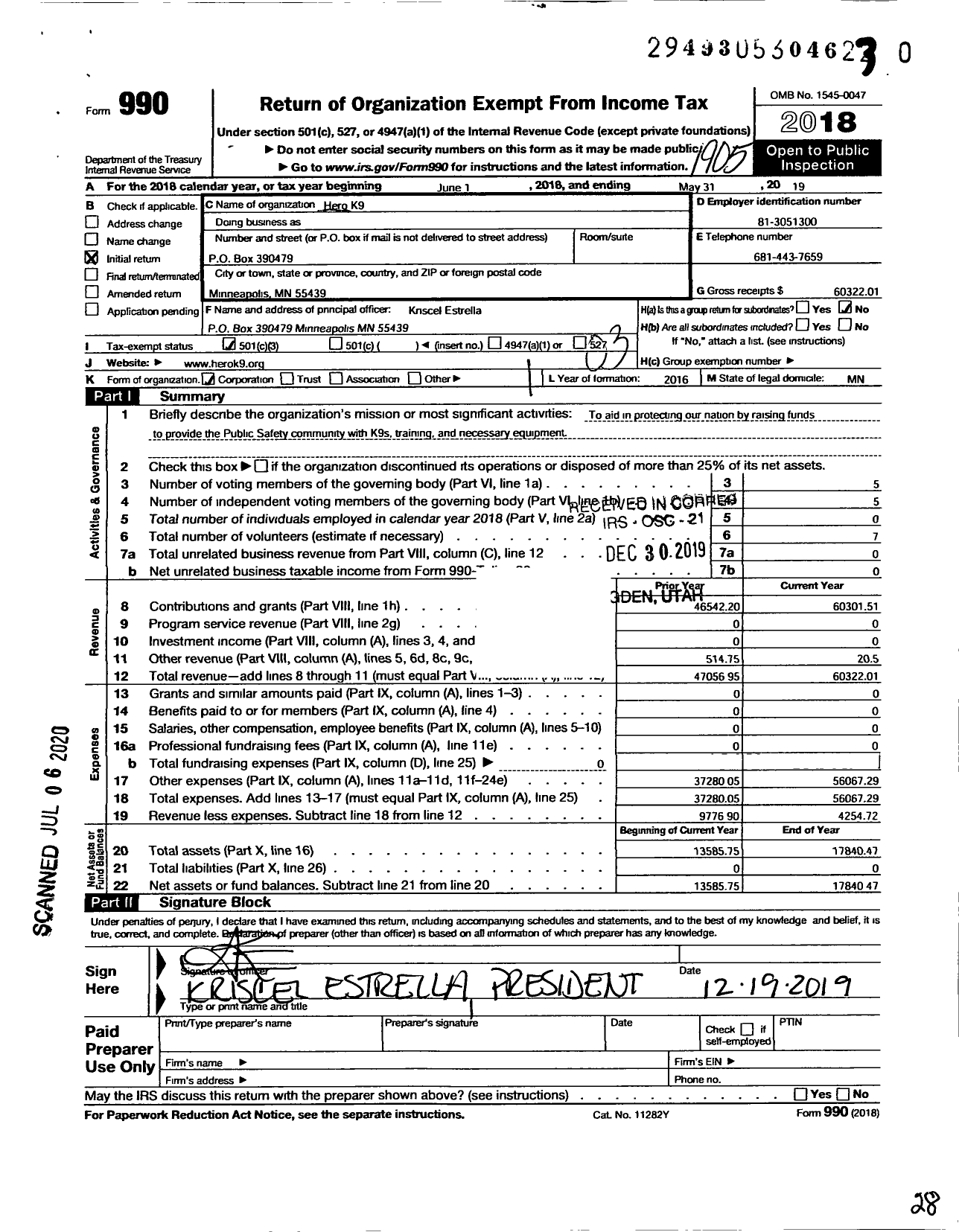 Image of first page of 2018 Form 990 for Hero K9